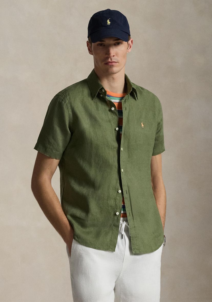 ralph lauren short sleeve dress shirts Polo Solid Black Linen Button-Down Shirt (Men) fit About 30 from shoulder to hem ABOUT THE BRAND Synonymous with Americana style since 1967 Ralph Lauren Men's Herringbone Jersey