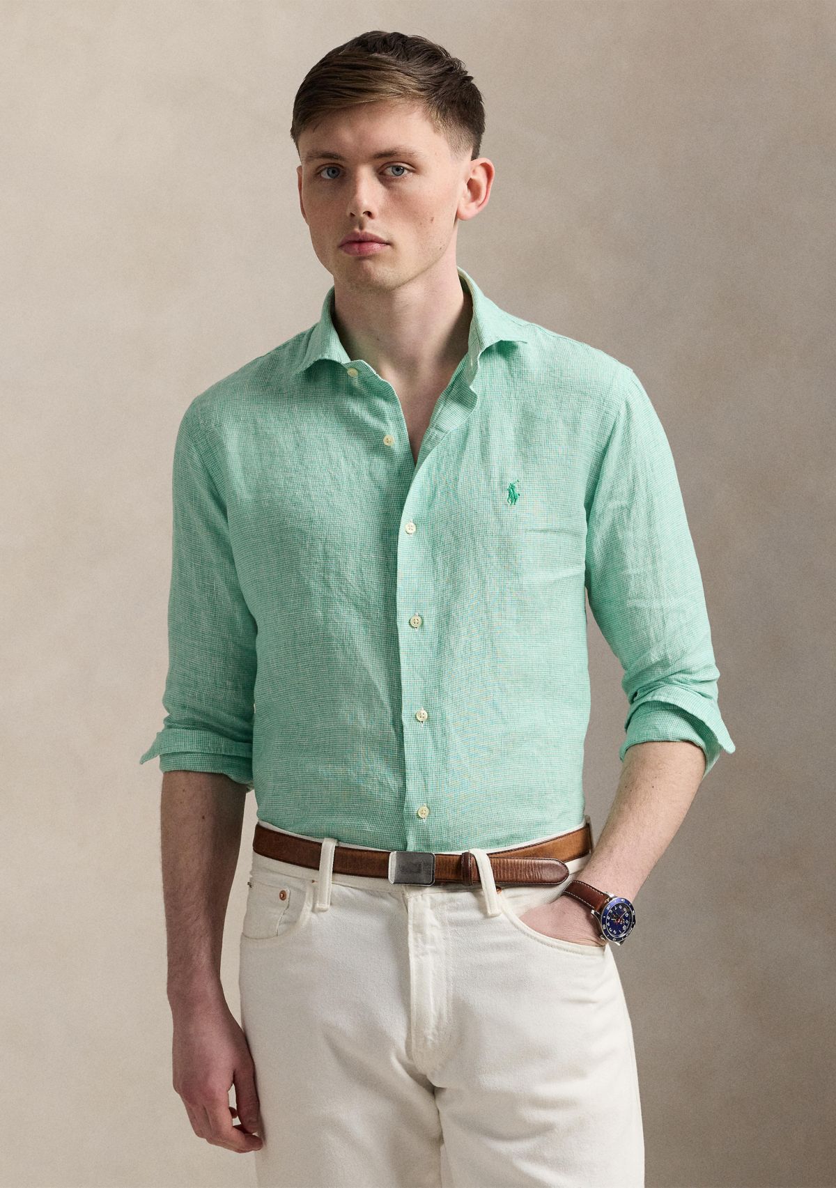 Classic Fit Houndstooth Linen Shirt