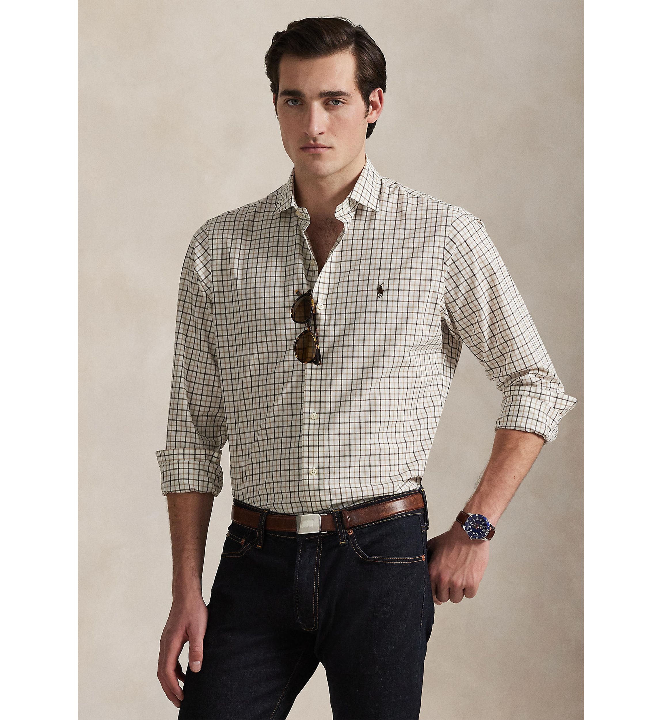 Classic Fit Plaid Stretch Poplin Shirt