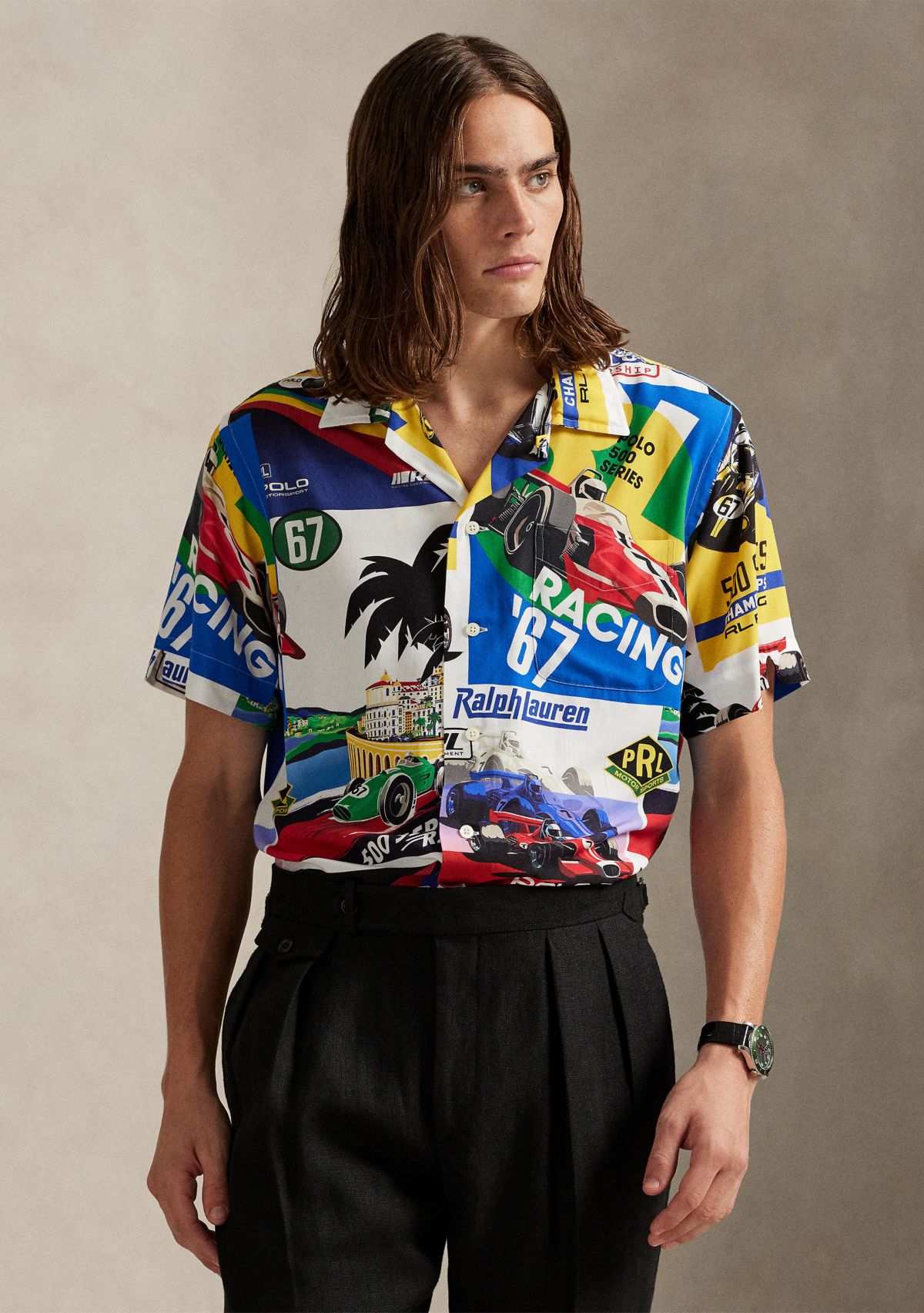Classic Fit Racing-Print Camp Shirt