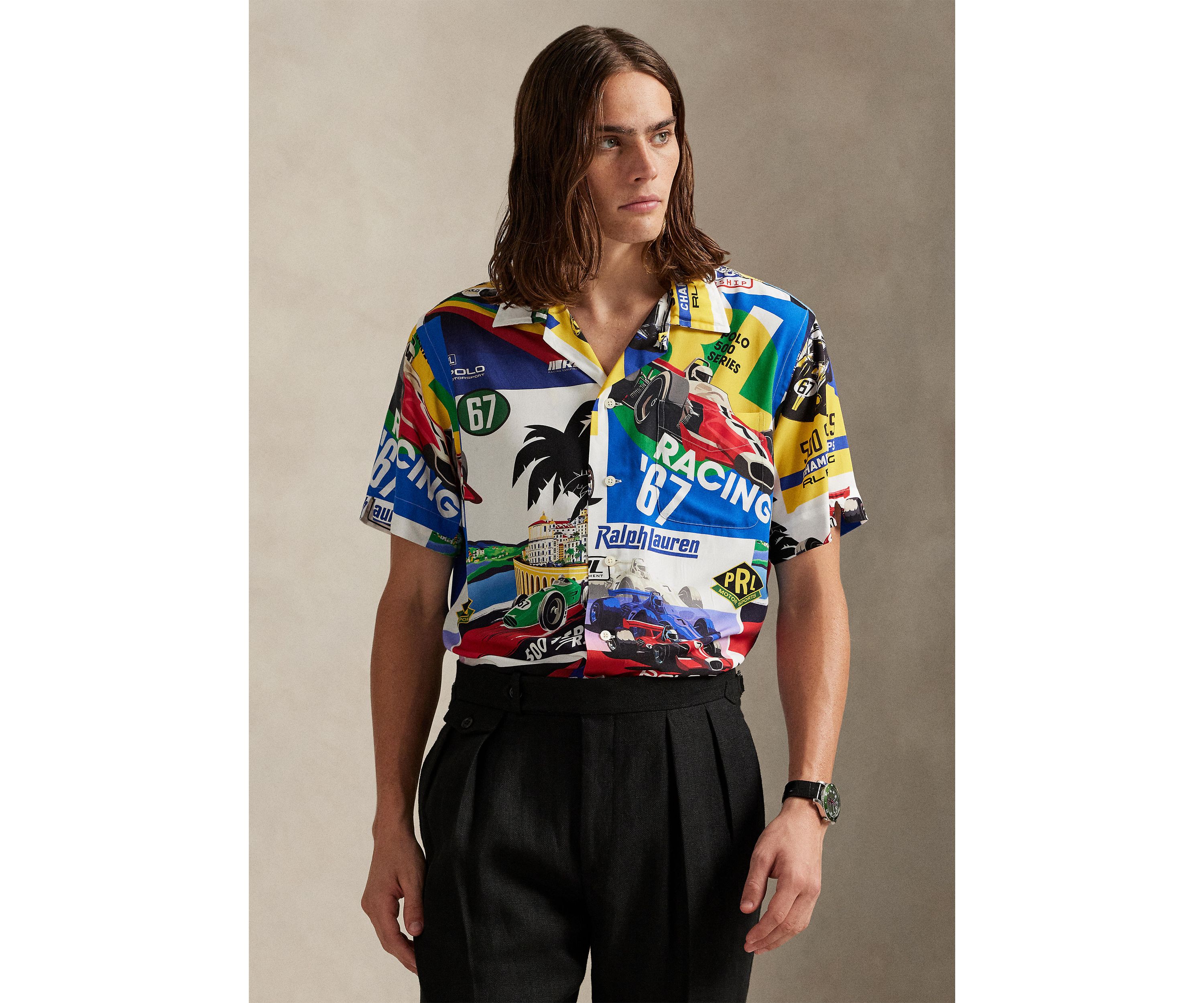 Classic Fit Racing-Print Camp Shirt