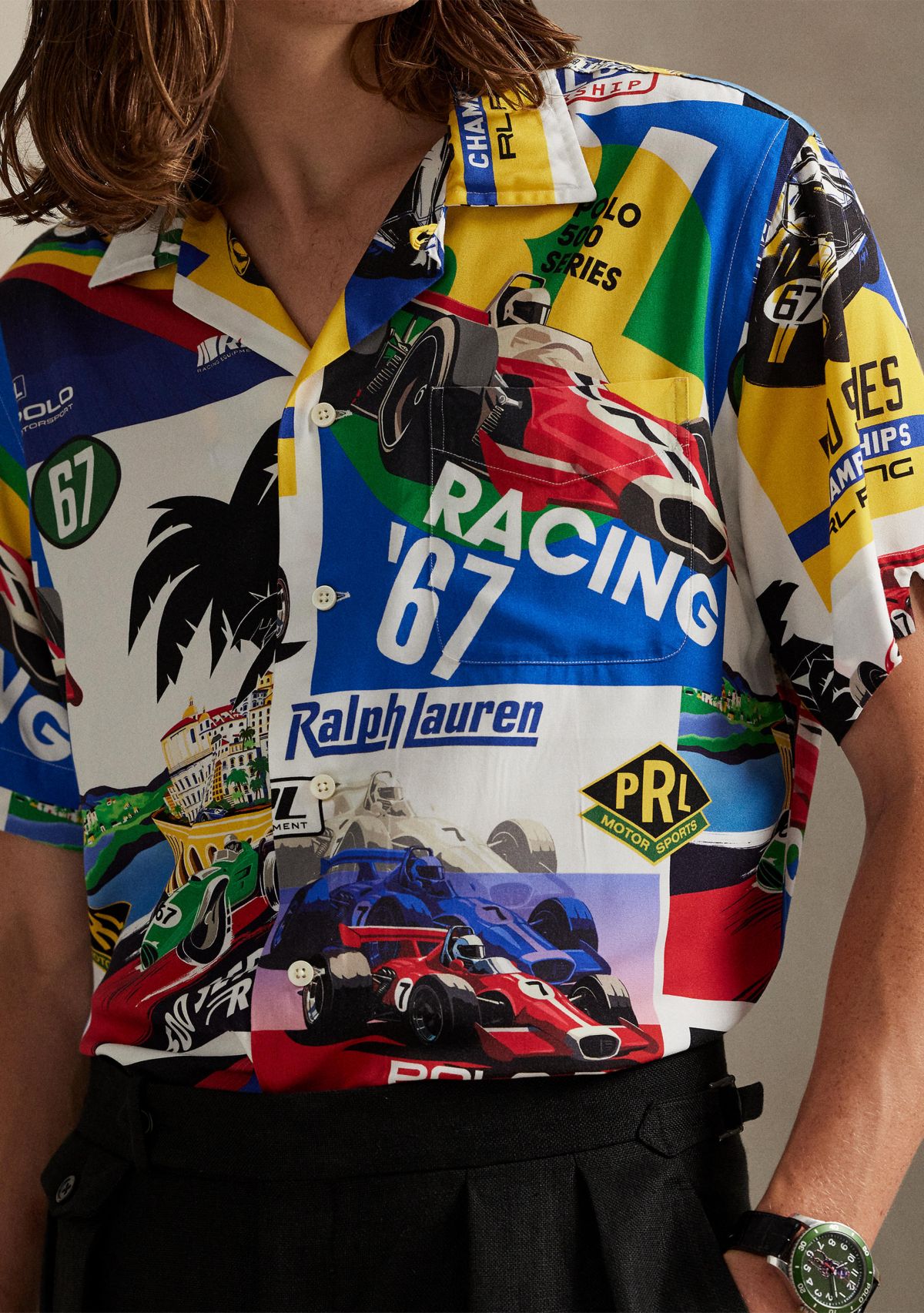 Classic Fit Racing-Print Camp Shirt