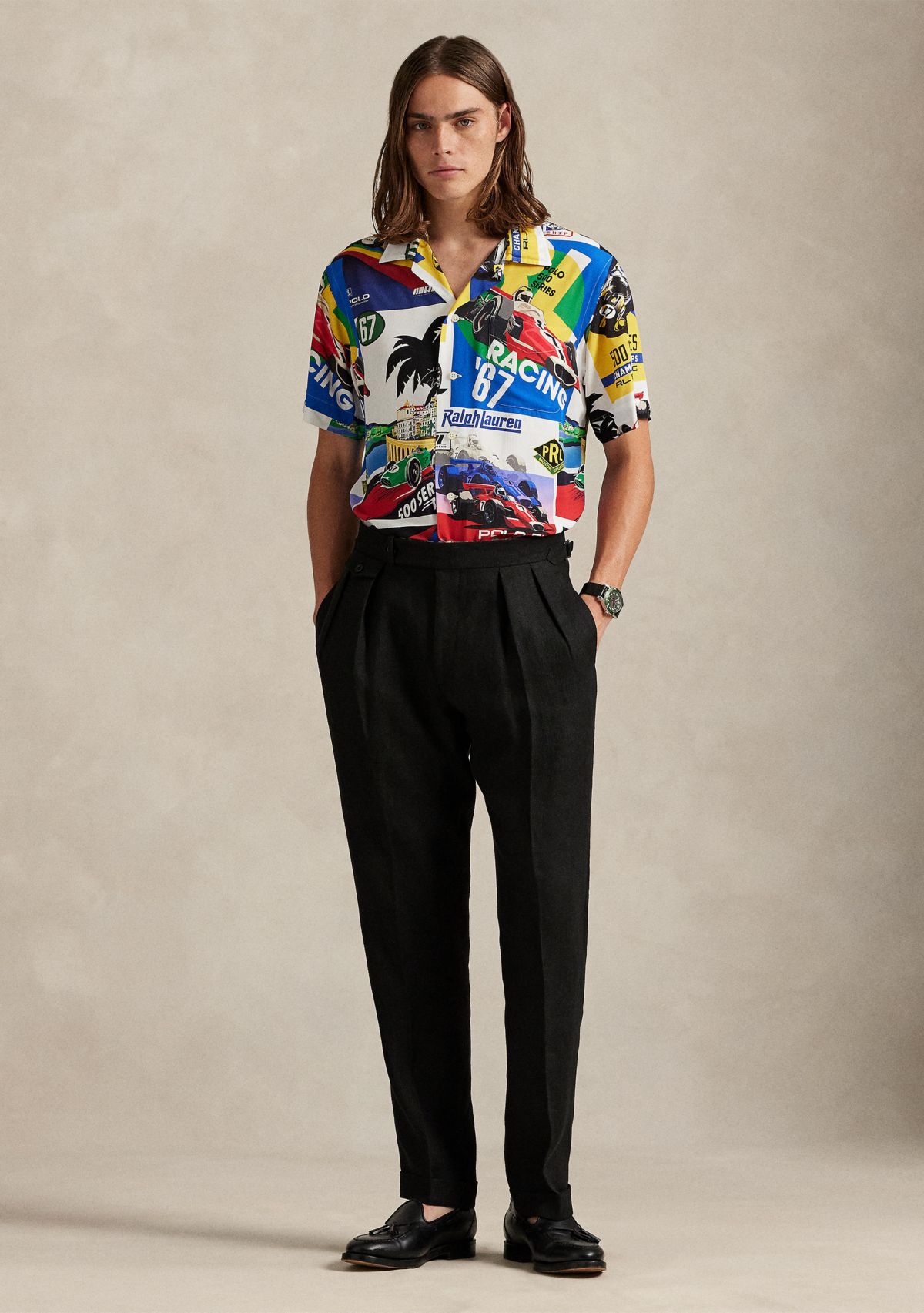 Classic Fit Racing-Print Camp Shirt