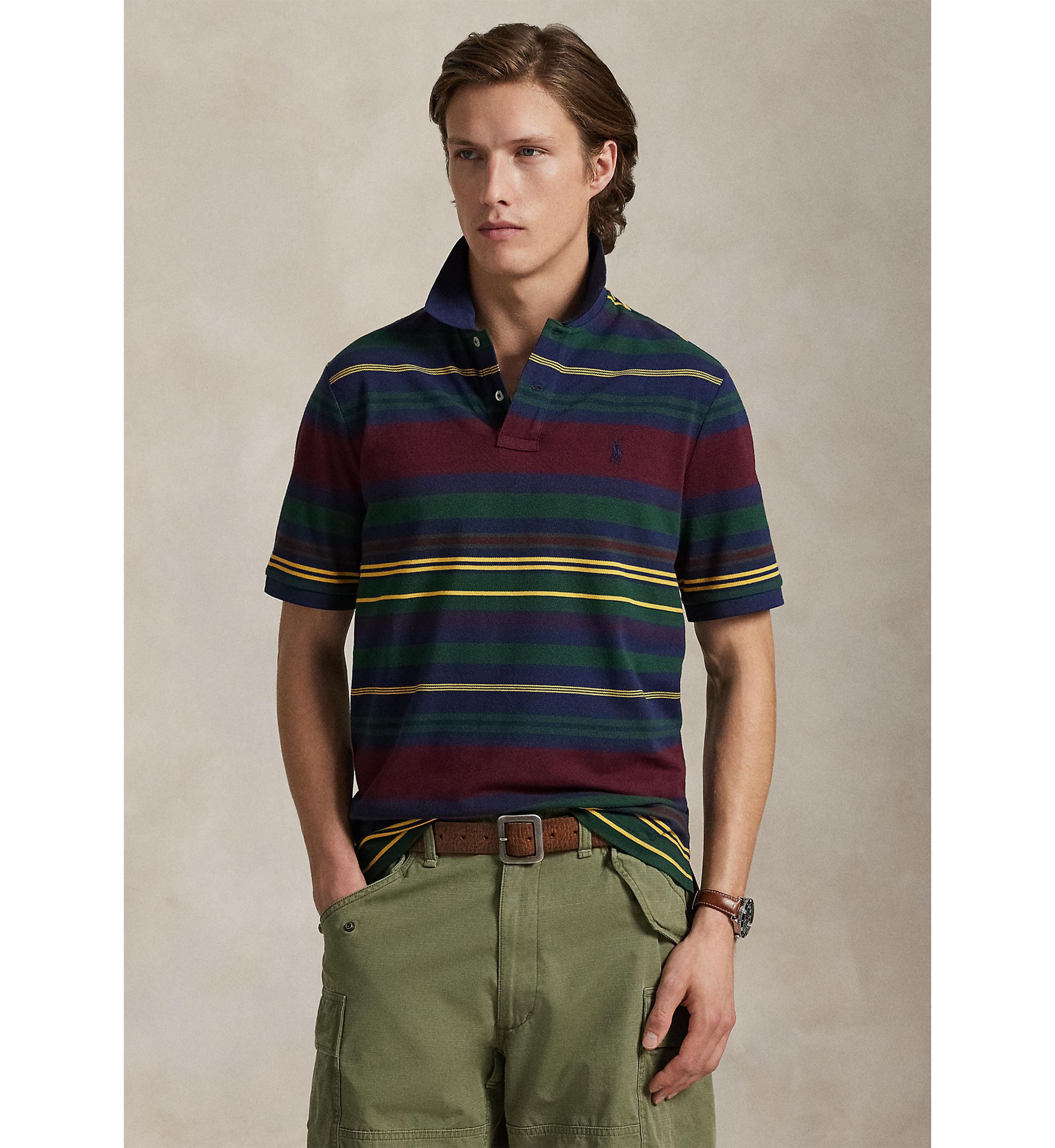 Classic Fit Striped Mesh Polo Shirt