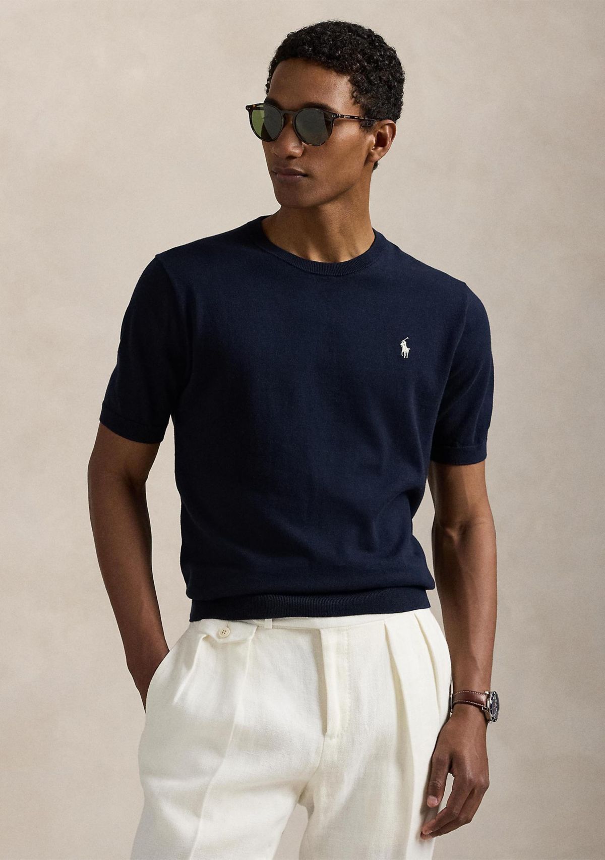 Cotton Crewneck Short-Sleeve Sweater