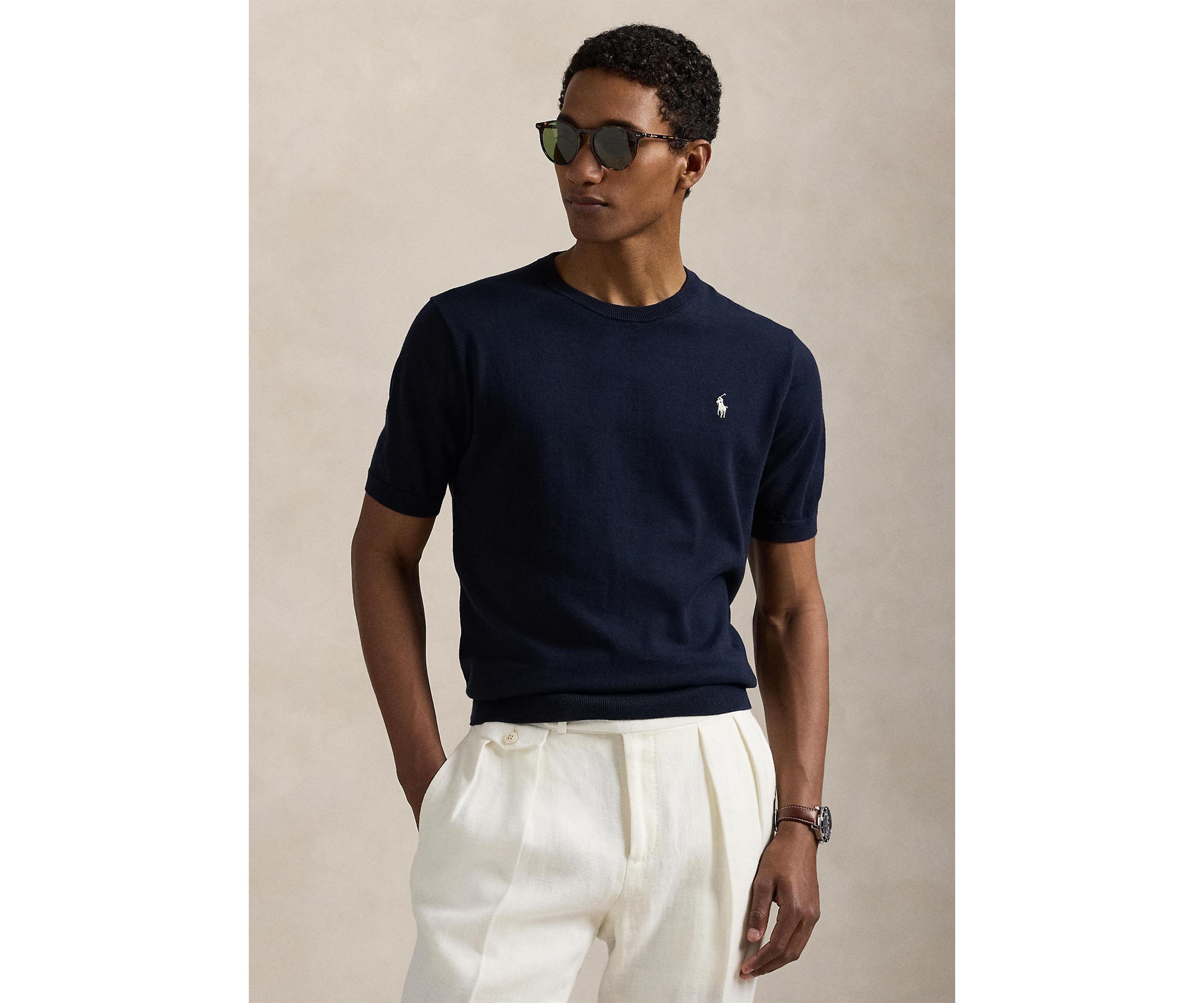 Cotton Crewneck Short-Sleeve Sweater