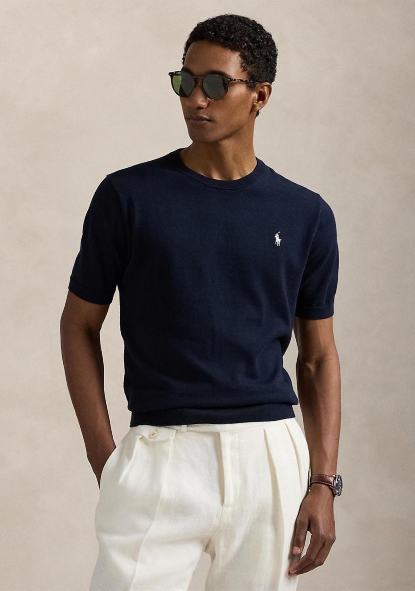 Cotton Crewneck Short-Sleeve Sweater