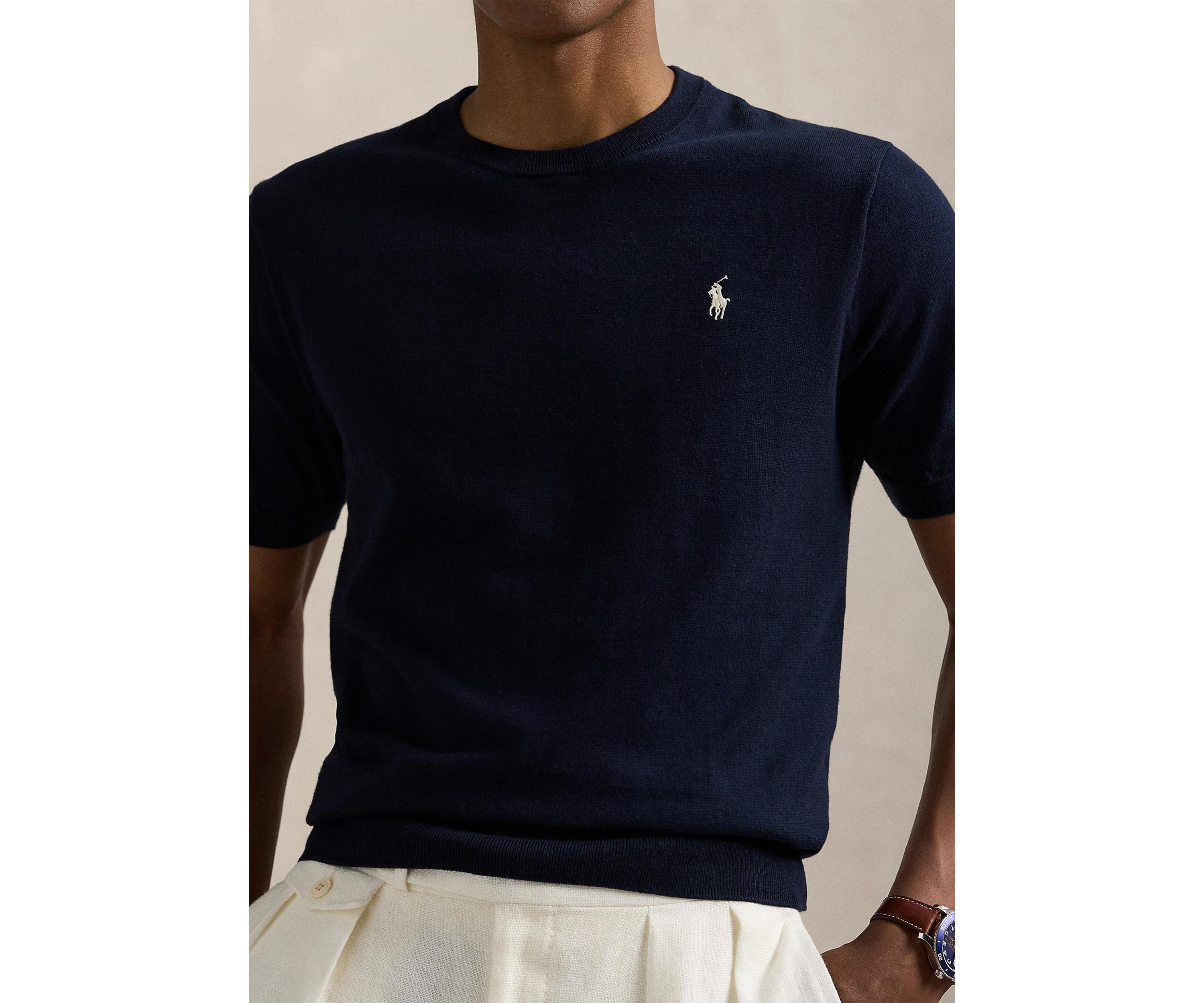 Cotton Crewneck Short-Sleeve Sweater