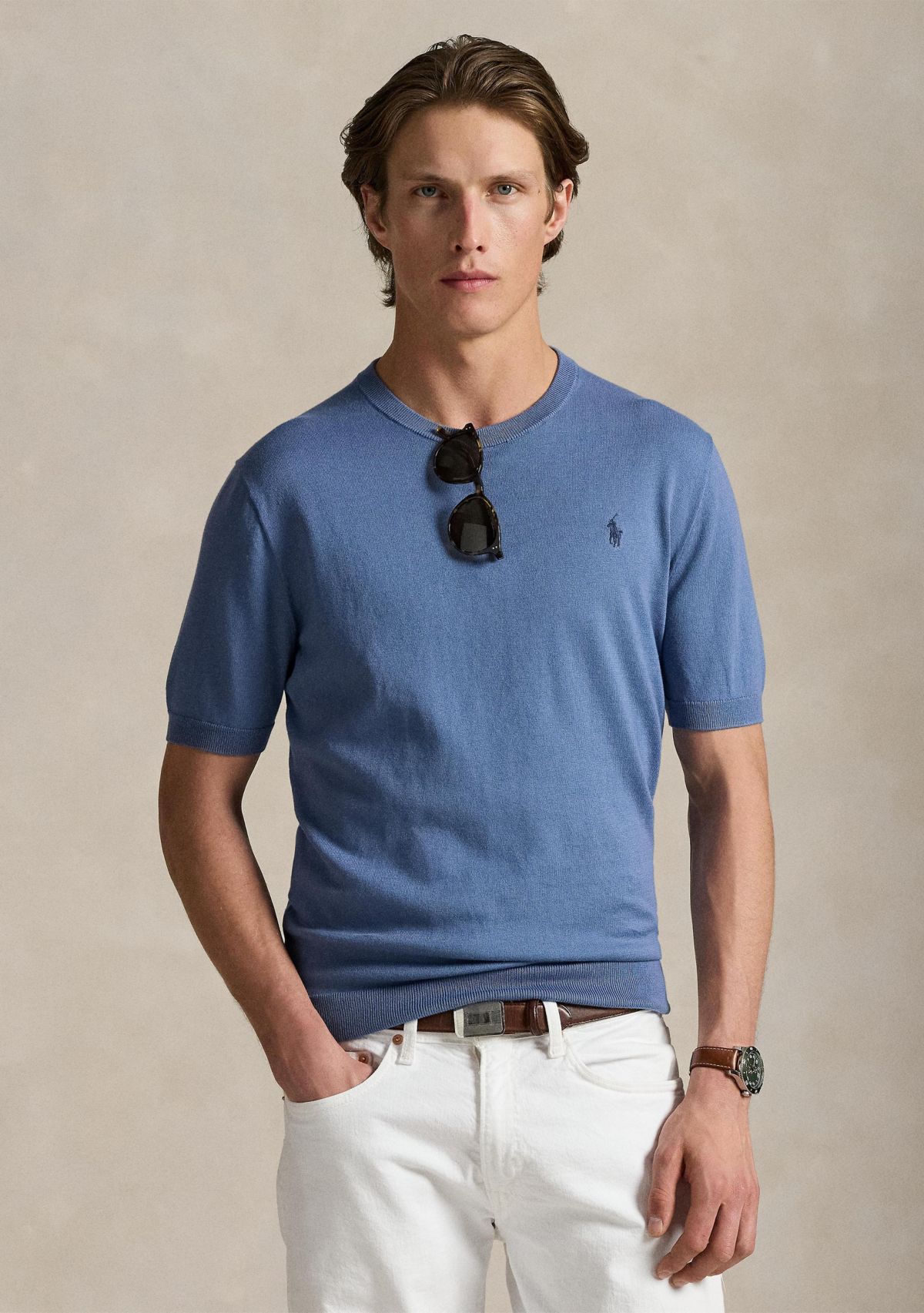 Cotton Crewneck Short-Sleeve Sweater