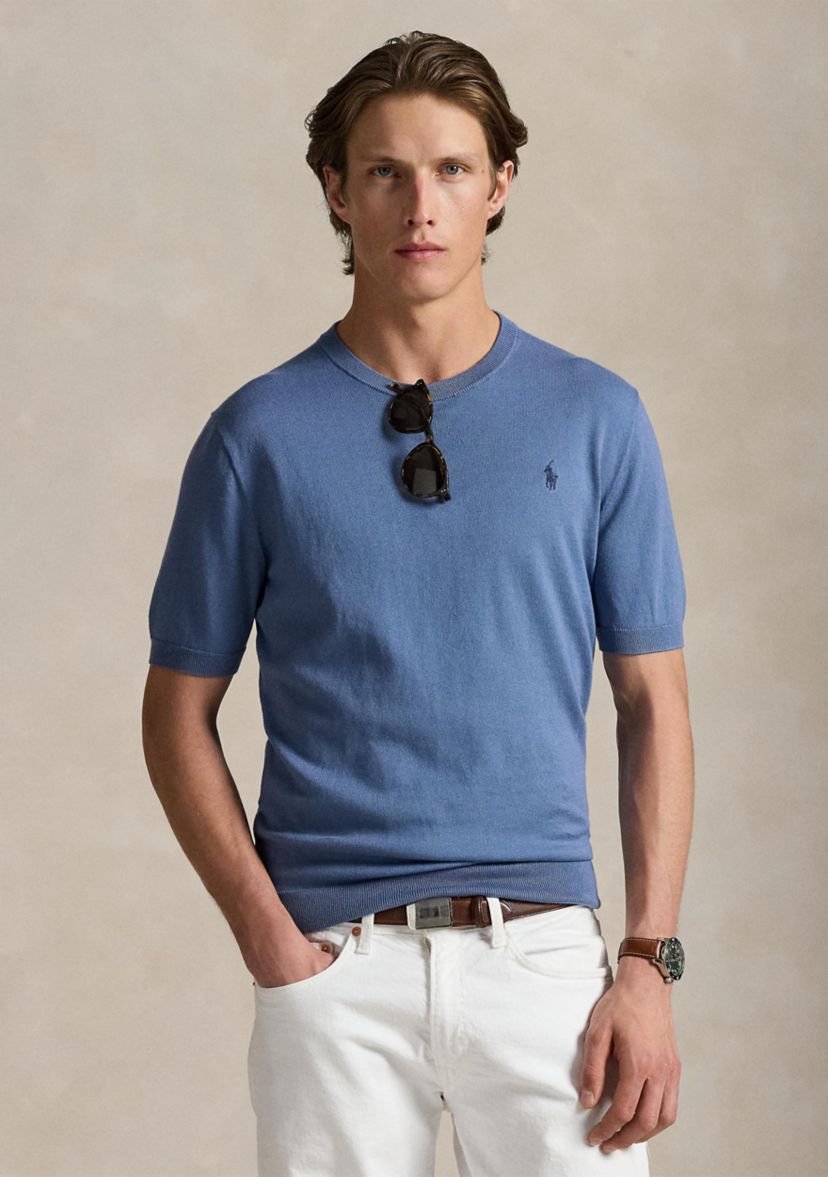 Cotton Crewneck Short-Sleeve Sweater