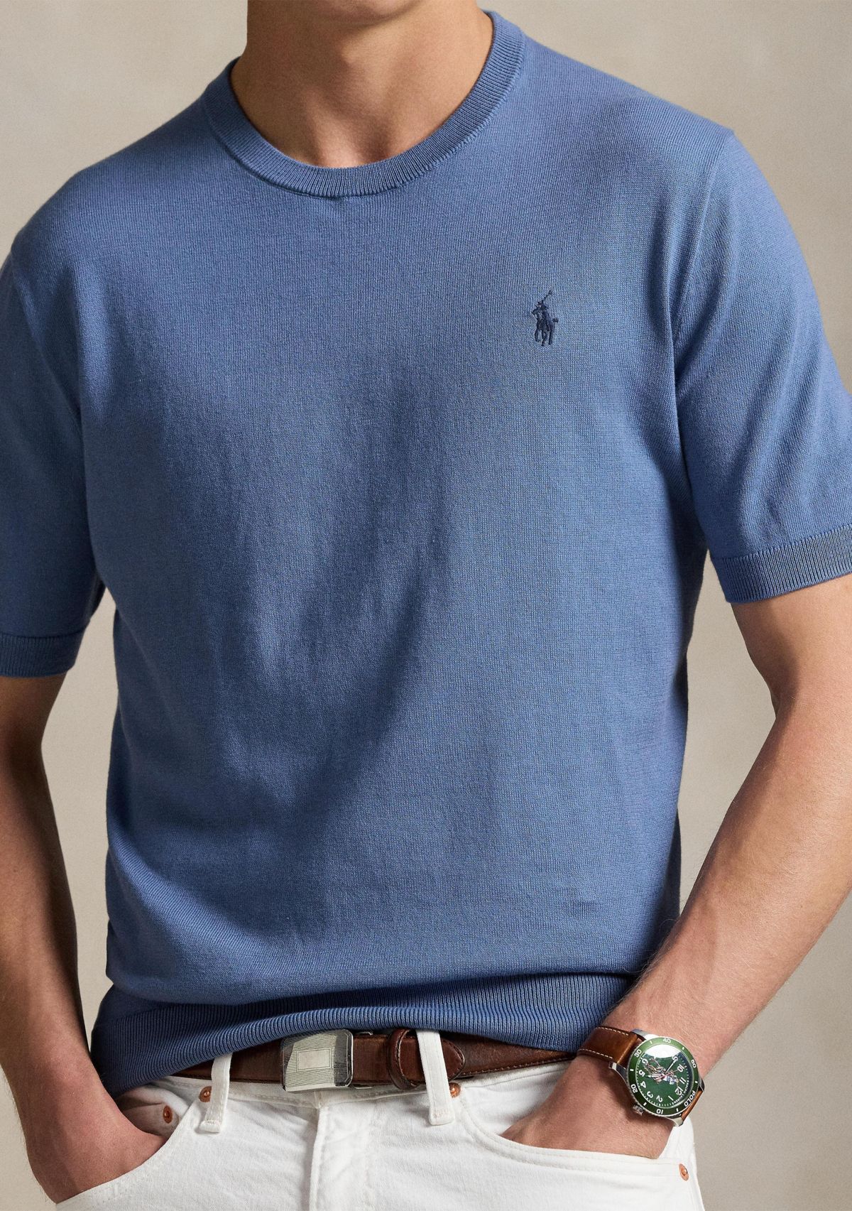 Cotton Crewneck Short-Sleeve Sweater