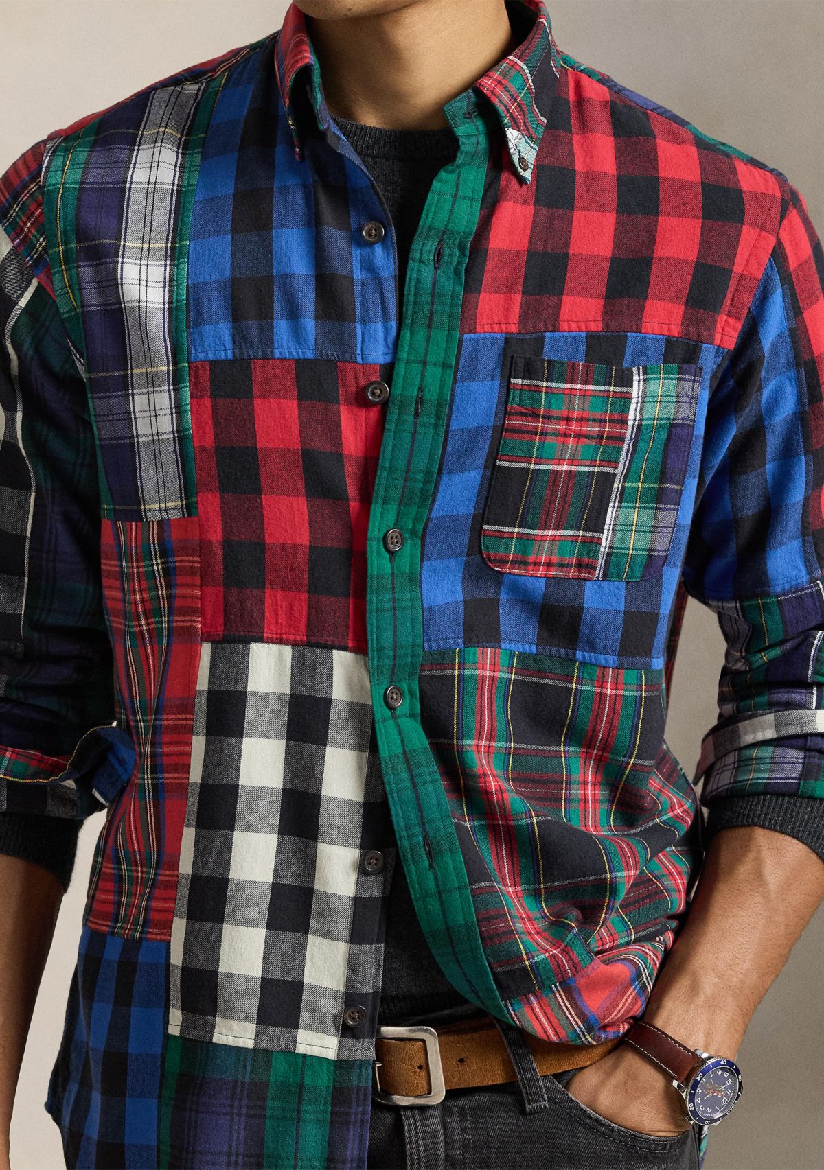 Classic Fit Patchwork Flannel Shirt