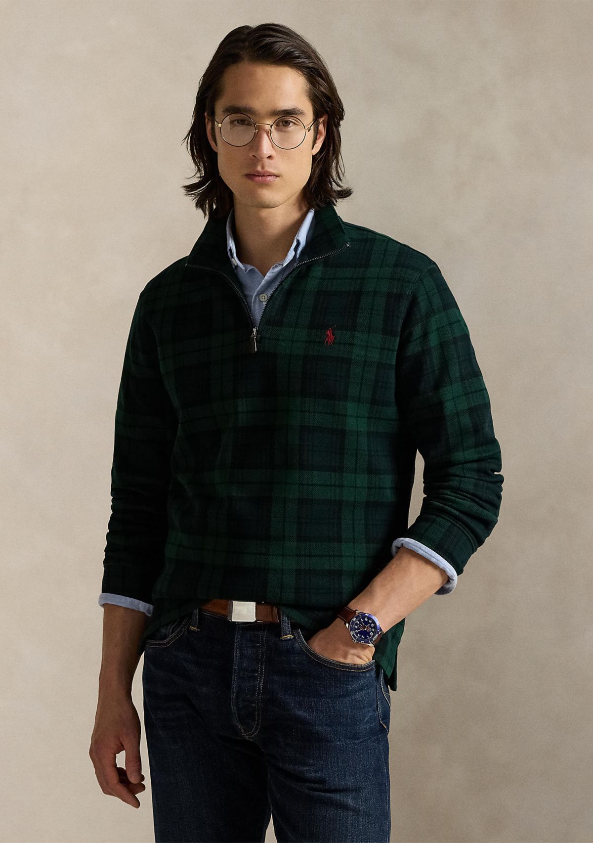 Mens Plaid Estate-Rib 1/4 Zip Pullover