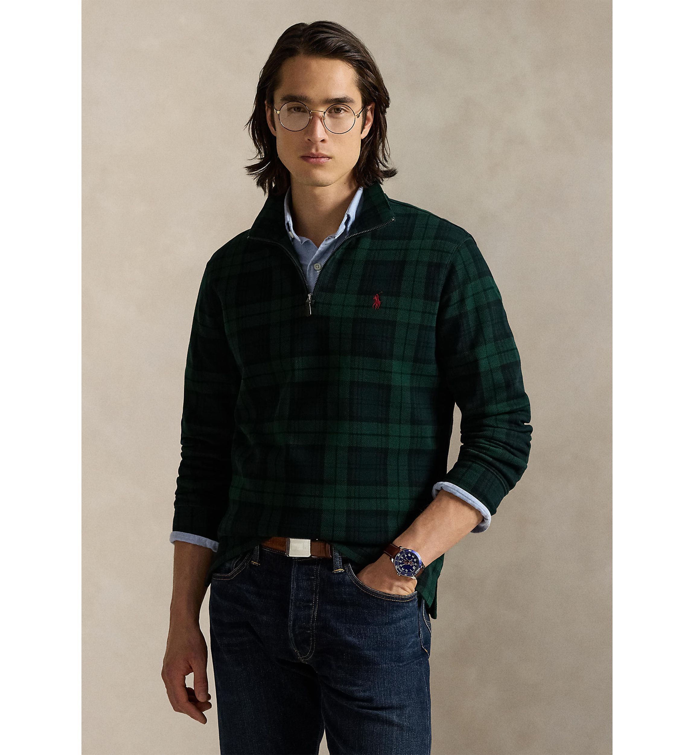 Mens Plaid Estate-Rib 1/4 Zip Pullover