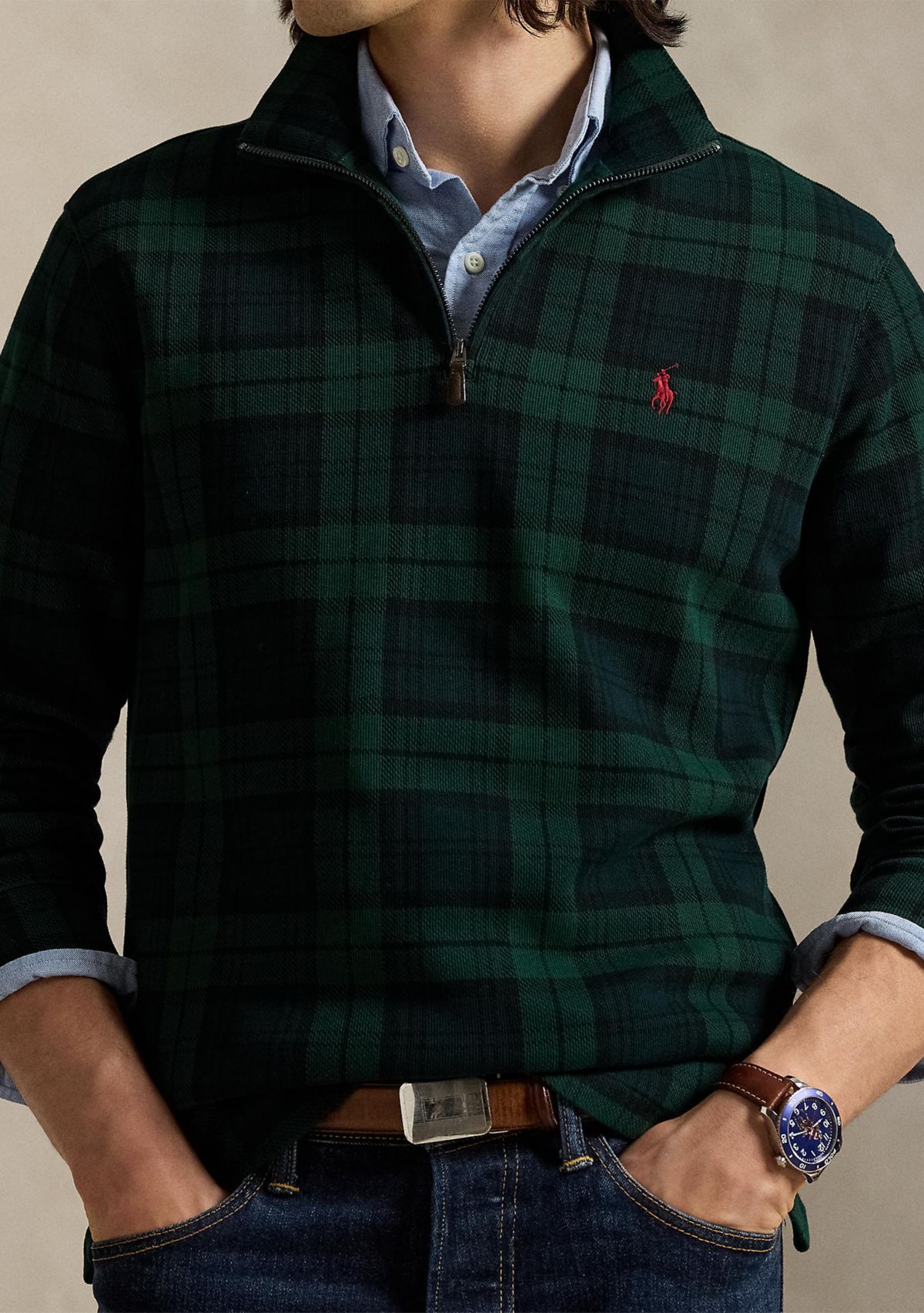 Mens Plaid Estate-Rib 1/4 Zip Pullover