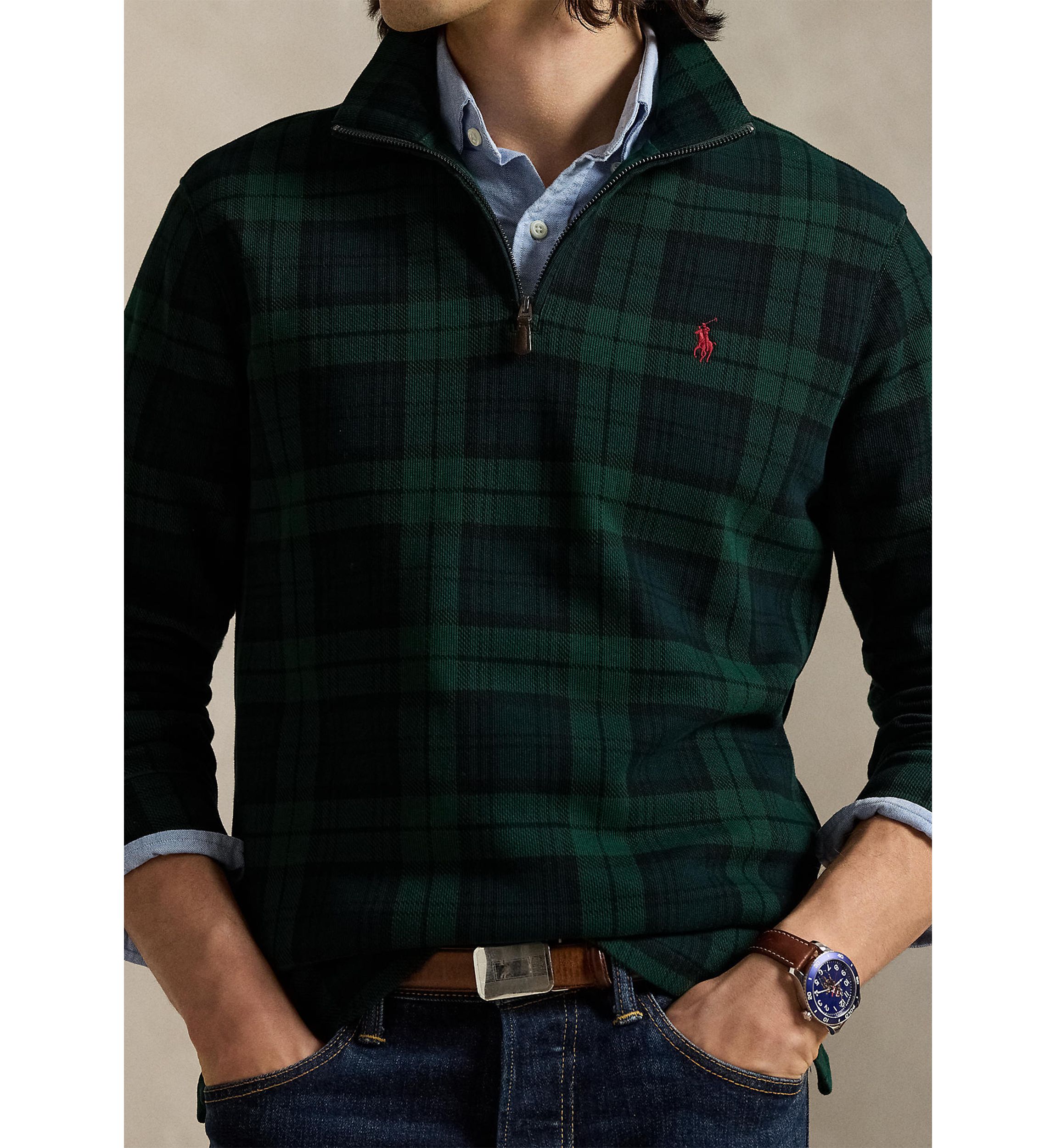 Mens Plaid Estate-Rib 1/4 Zip Pullover