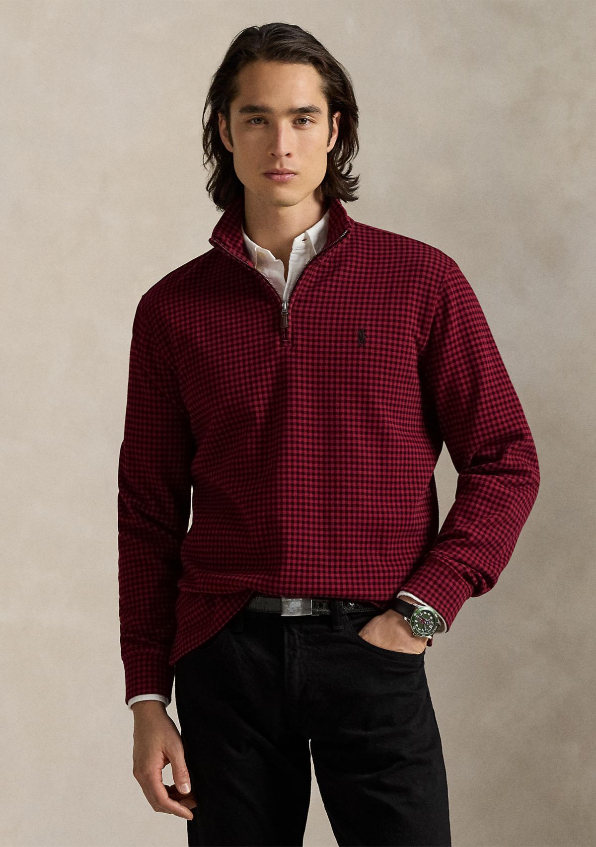 Mens Checked Estate-Rib Quarter-Zip Pullover