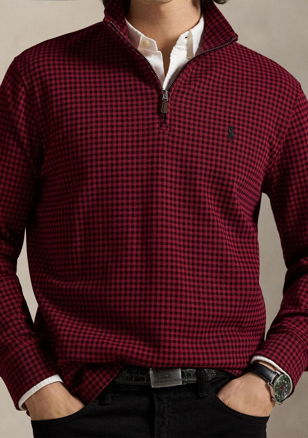 Mens Checked Estate-Rib Quarter-Zip Pullover
