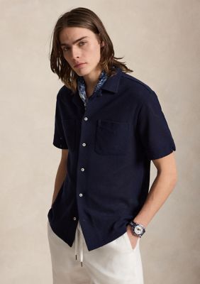Polo Ralph Lauren Men's Textured Pointelle Camp Shirt, Navy Blue, 2XL