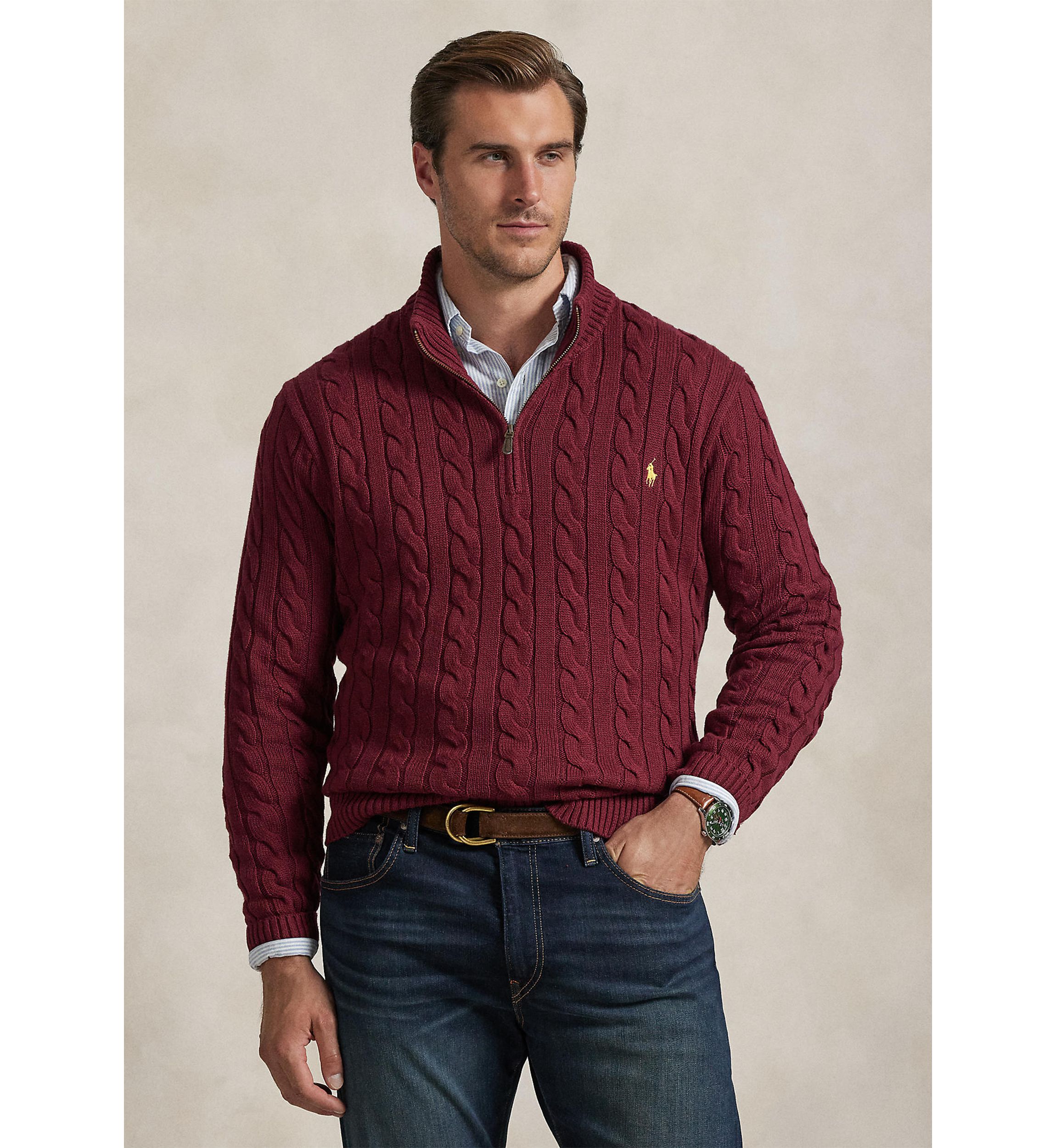 Big & Tall Cable-Knit Cotton 1/4 Zip Sweater