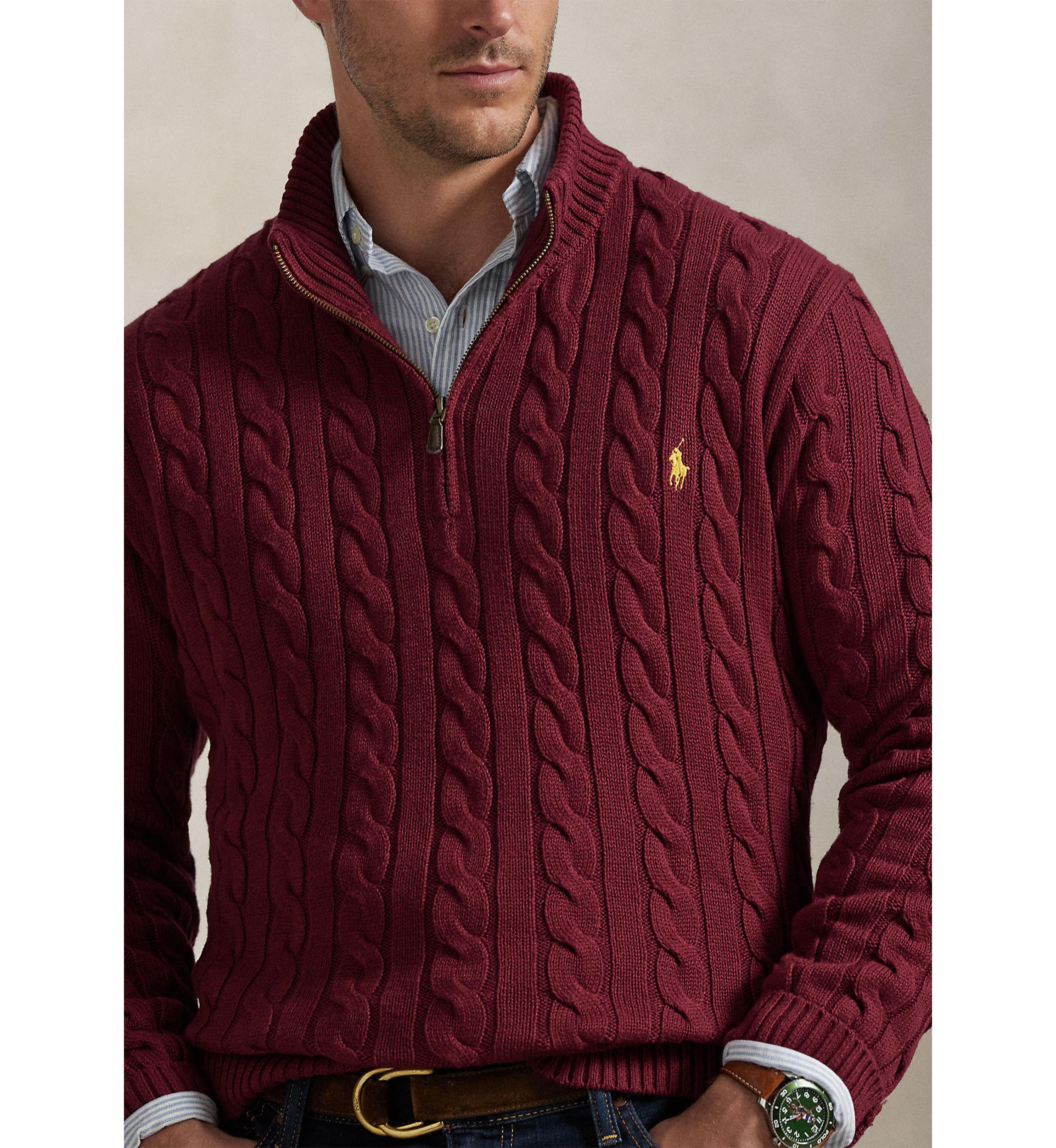 Big & Tall Cable-Knit Cotton 1/4 Zip Sweater