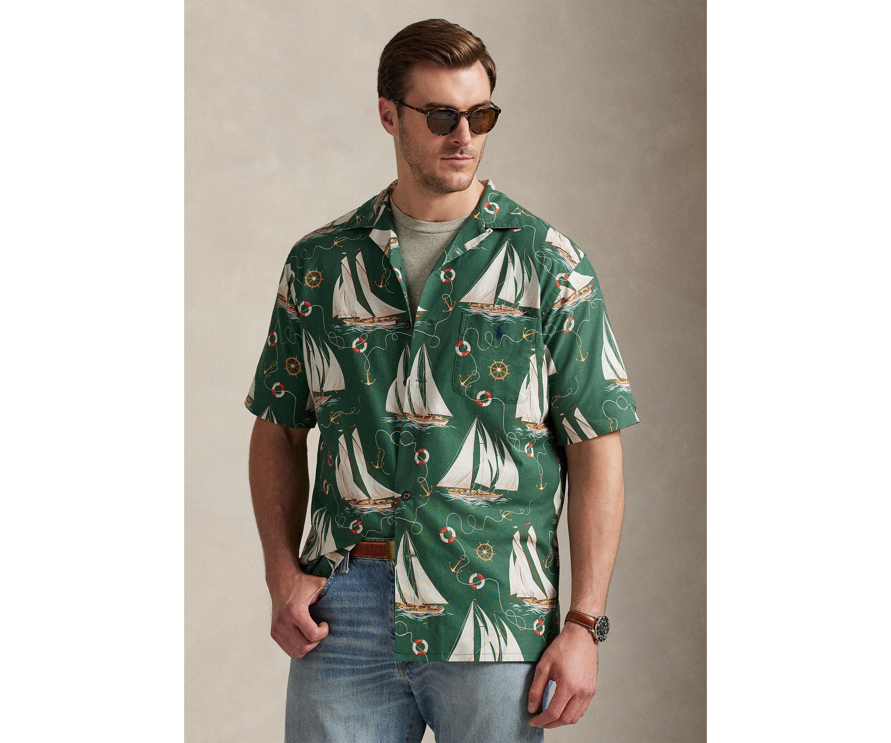 Big & Tall Sailboat-Print Oxford Camp Shirt
