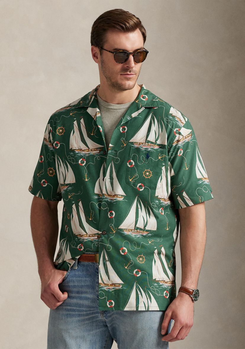 Big & Tall Sailboat-Print Oxford Camp Shirt