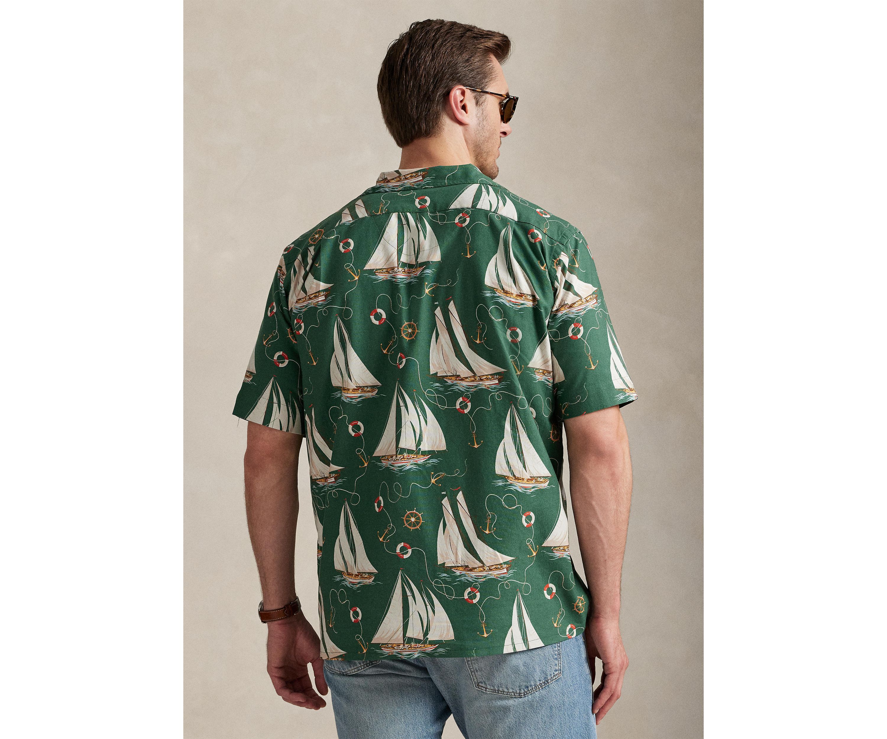 Big & Tall Sailboat-Print Oxford Camp Shirt