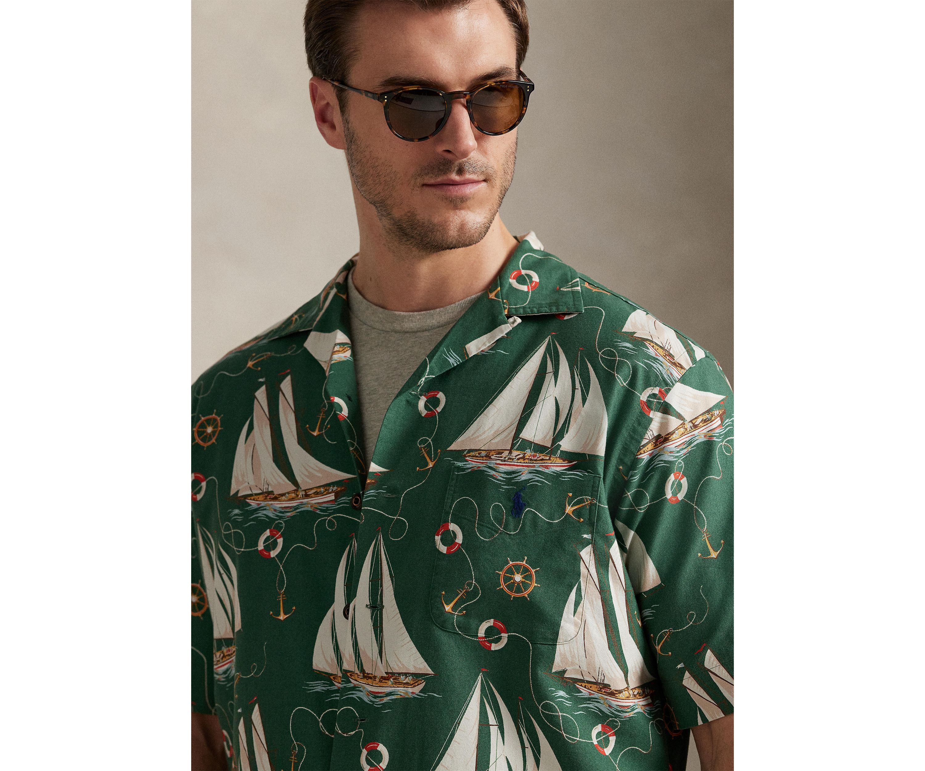 Big & Tall Sailboat-Print Oxford Camp Shirt