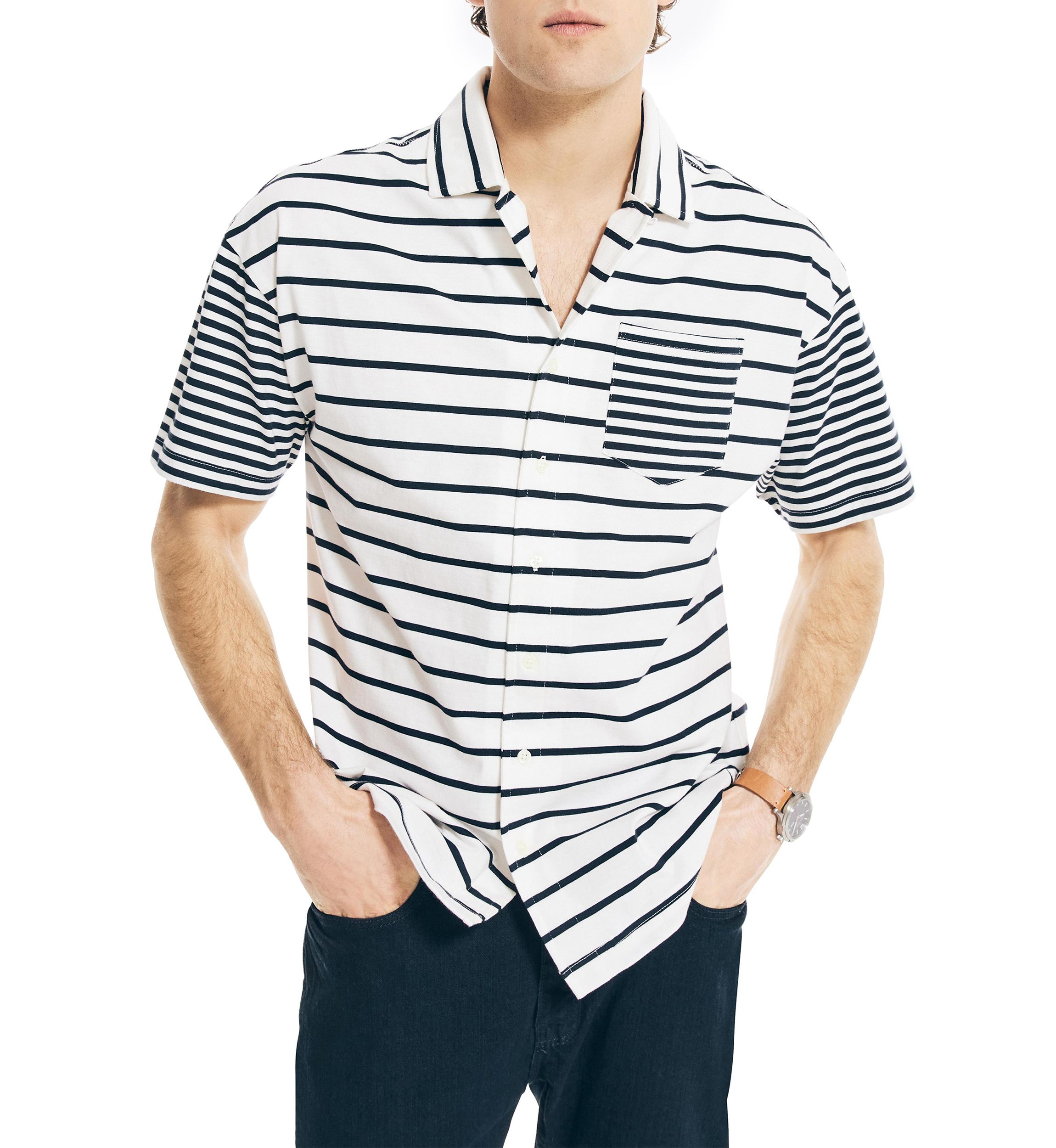 Short Sleeve Striped Knit Camp Shirt 