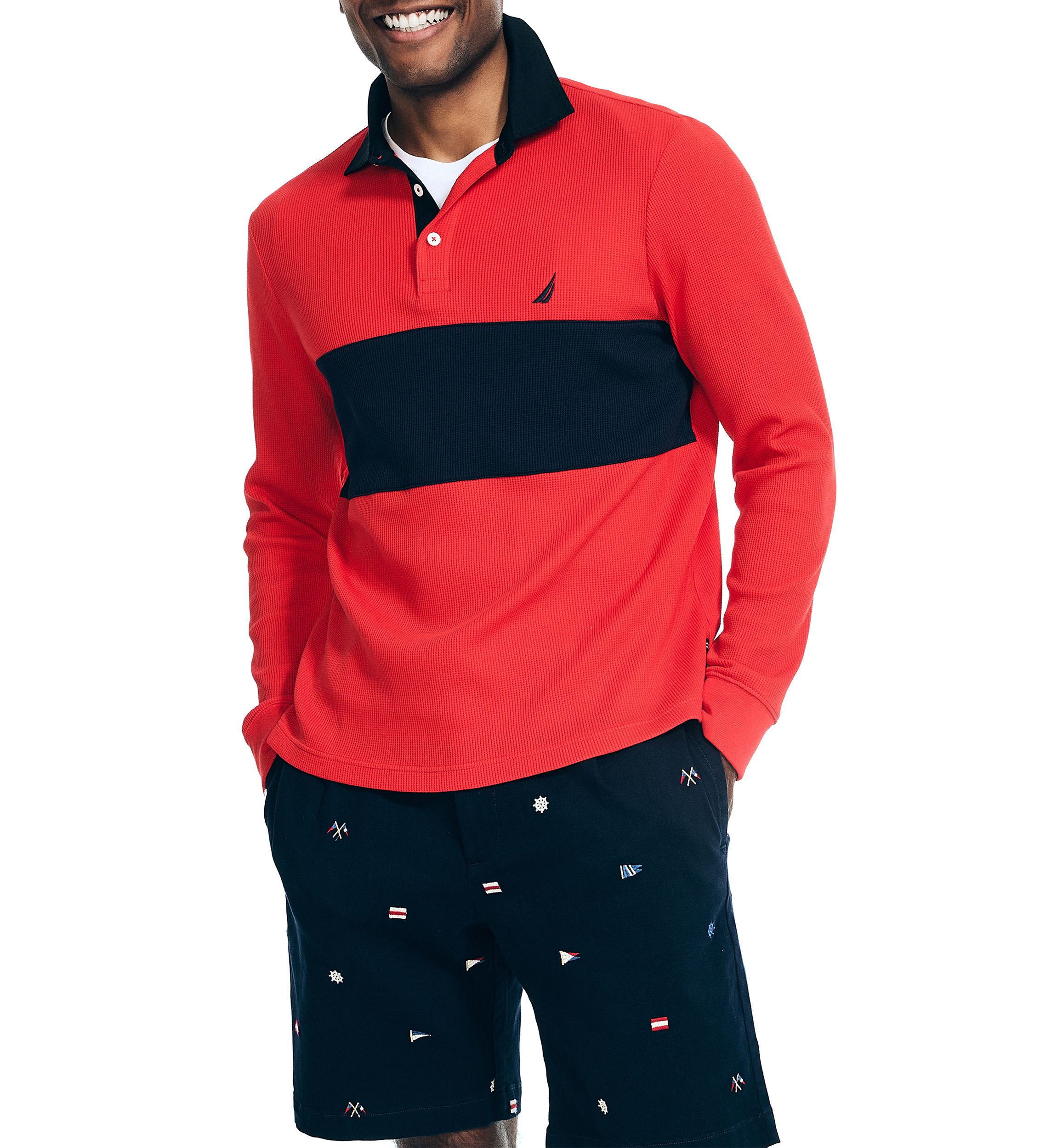 Slim Fit Waffle Color Block Long Sleeve Polo Shirt