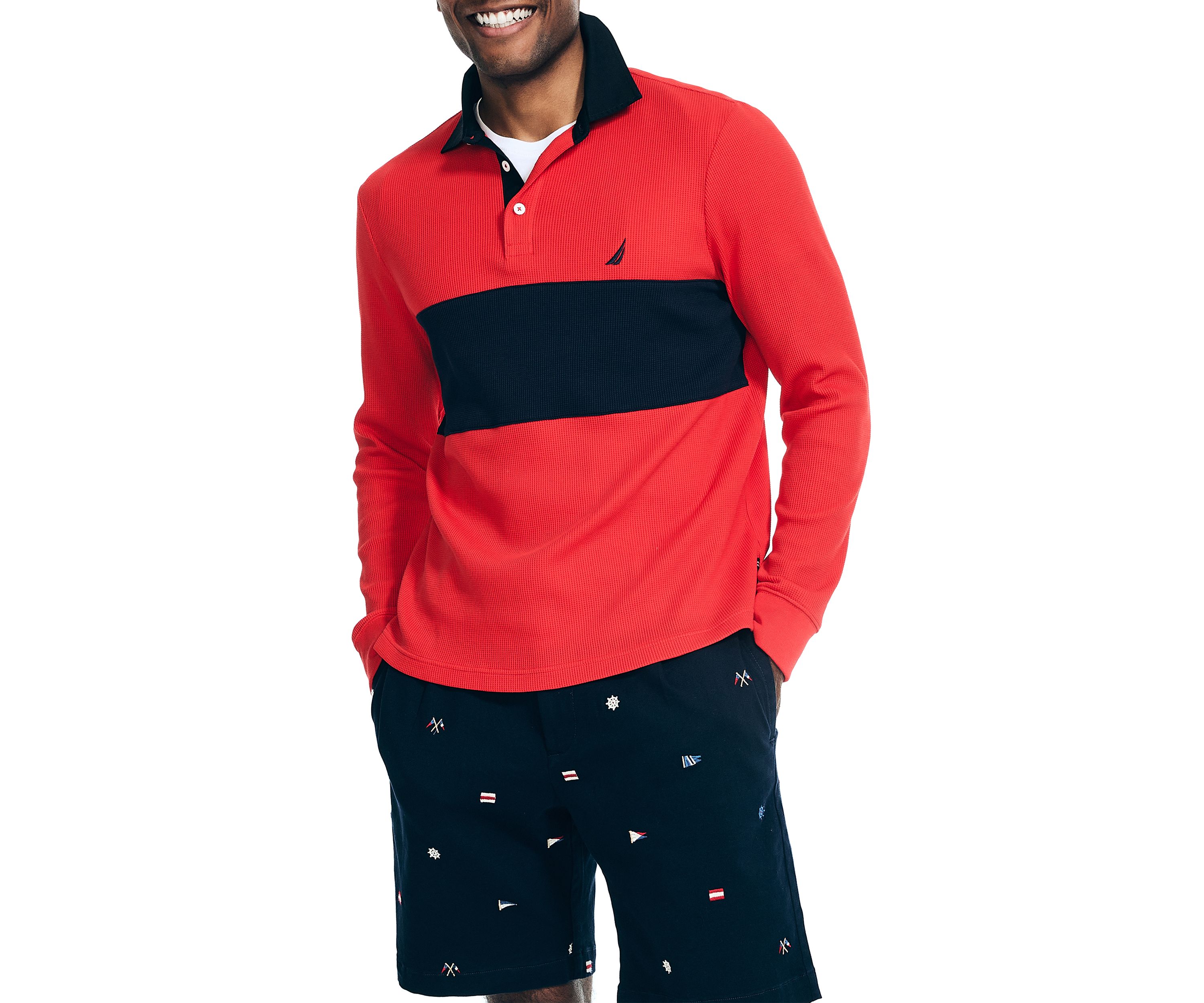 Slim Fit Waffle Color Block Long Sleeve Polo Shirt