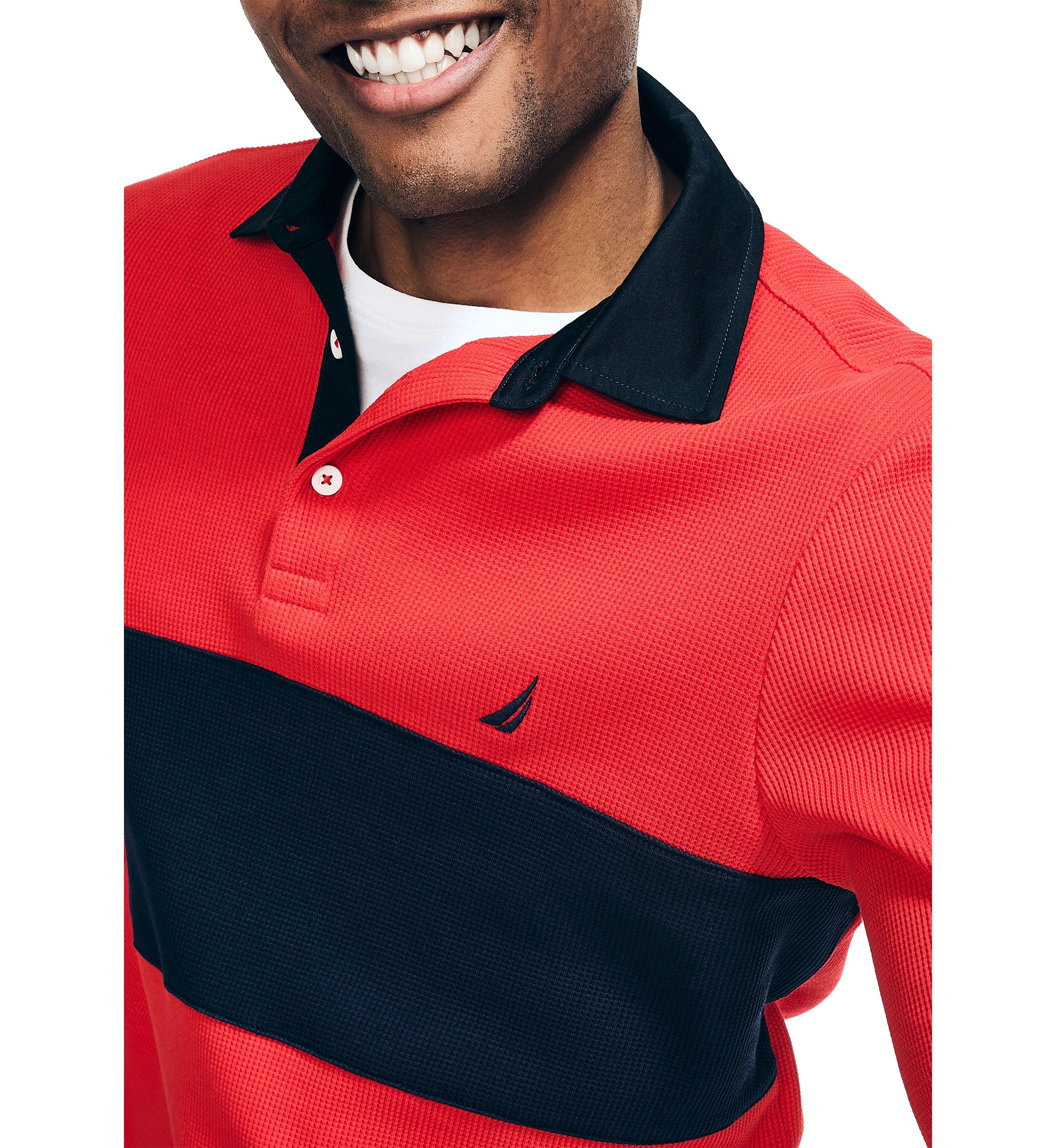 Slim Fit Waffle Color Block Long Sleeve Polo Shirt