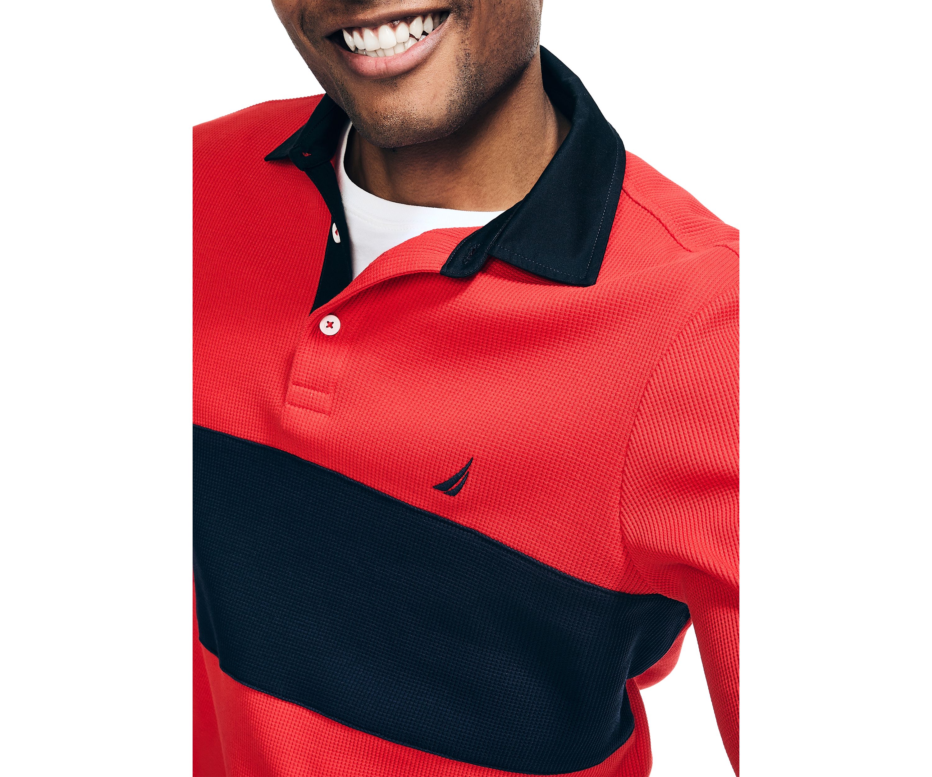Slim Fit Waffle Color Block Long Sleeve Polo Shirt