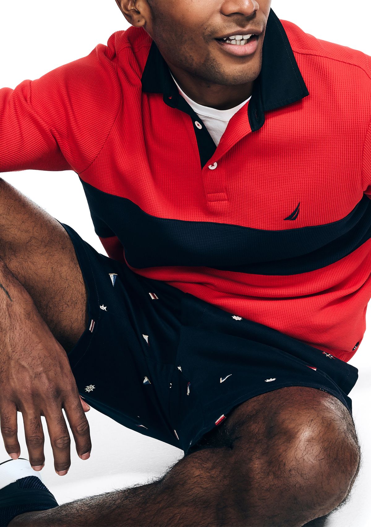 Slim Fit Waffle Color Block Long Sleeve Polo Shirt
