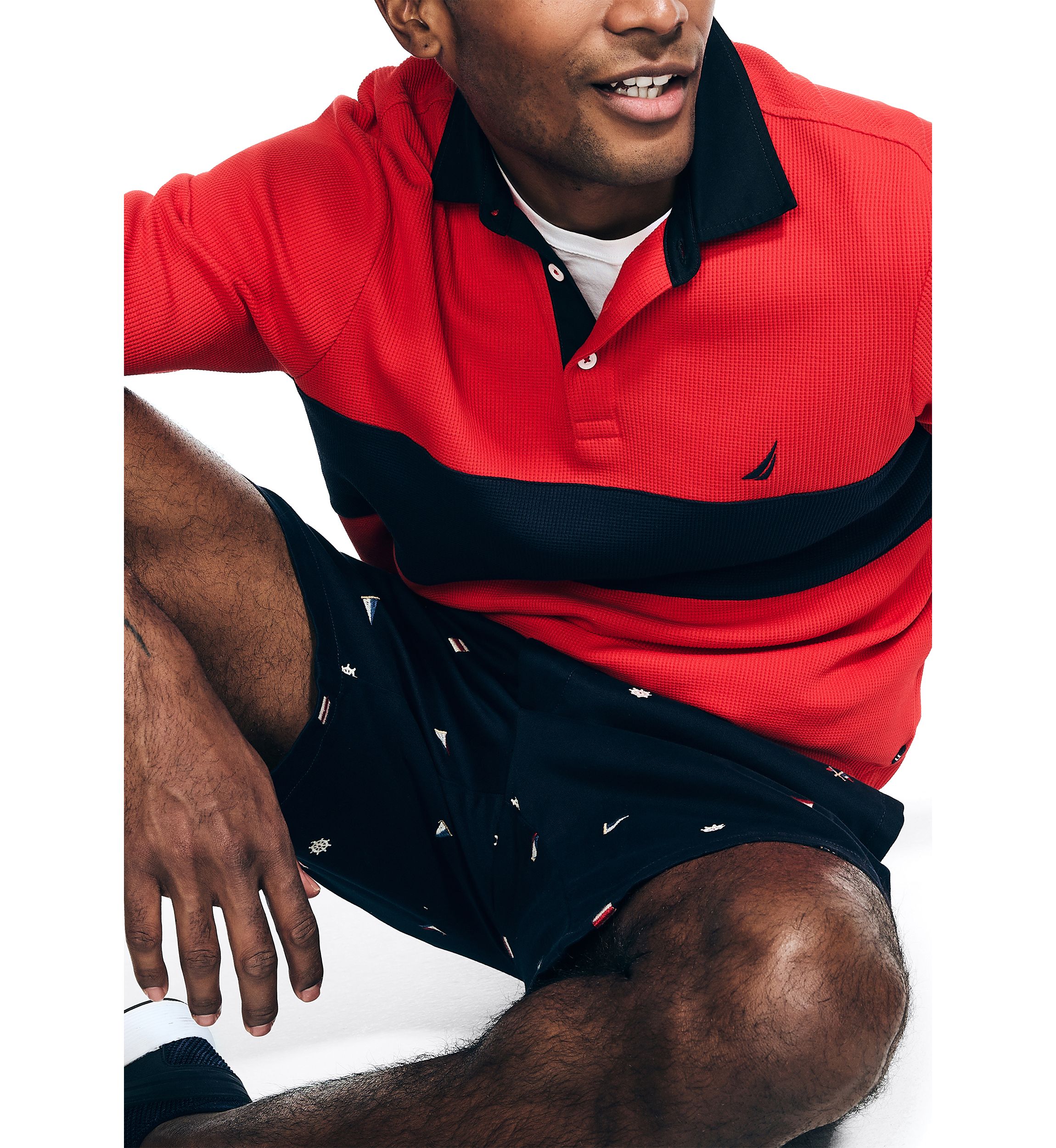 Slim Fit Waffle Color Block Long Sleeve Polo Shirt