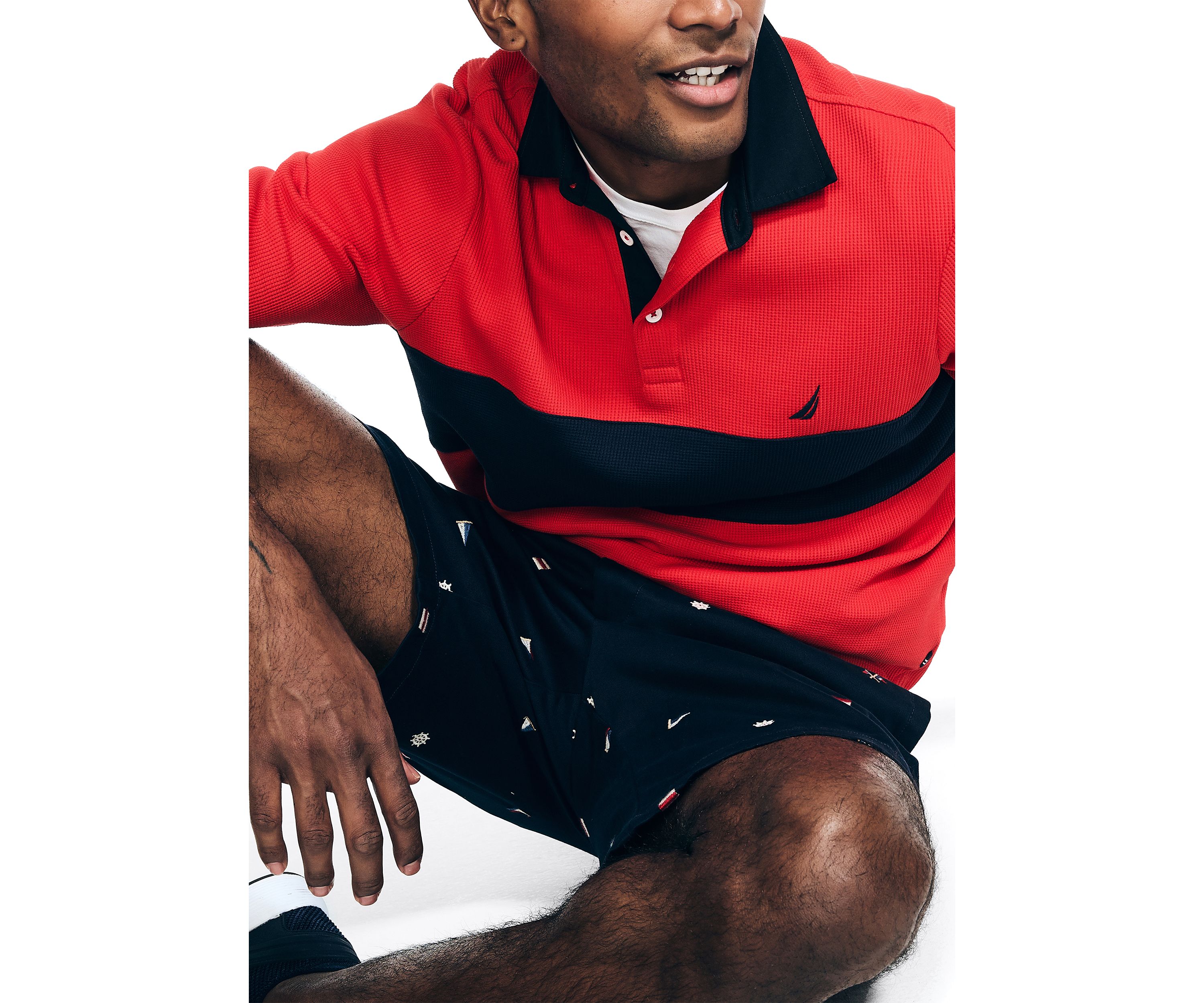 Slim Fit Waffle Color Block Long Sleeve Polo Shirt