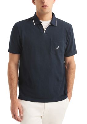 Nautica Men's Linen Johnny Collar Polo Shirt, Navy Blue, 2XL