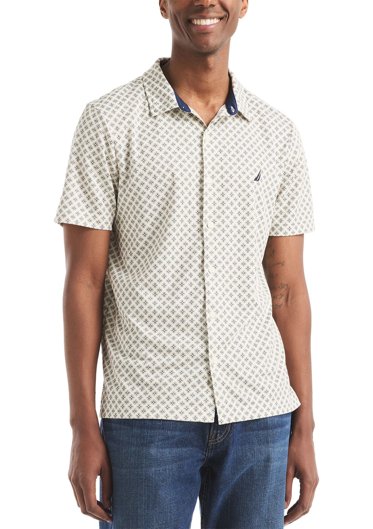Short Sleeve Button Front Printed Dress Shirt 