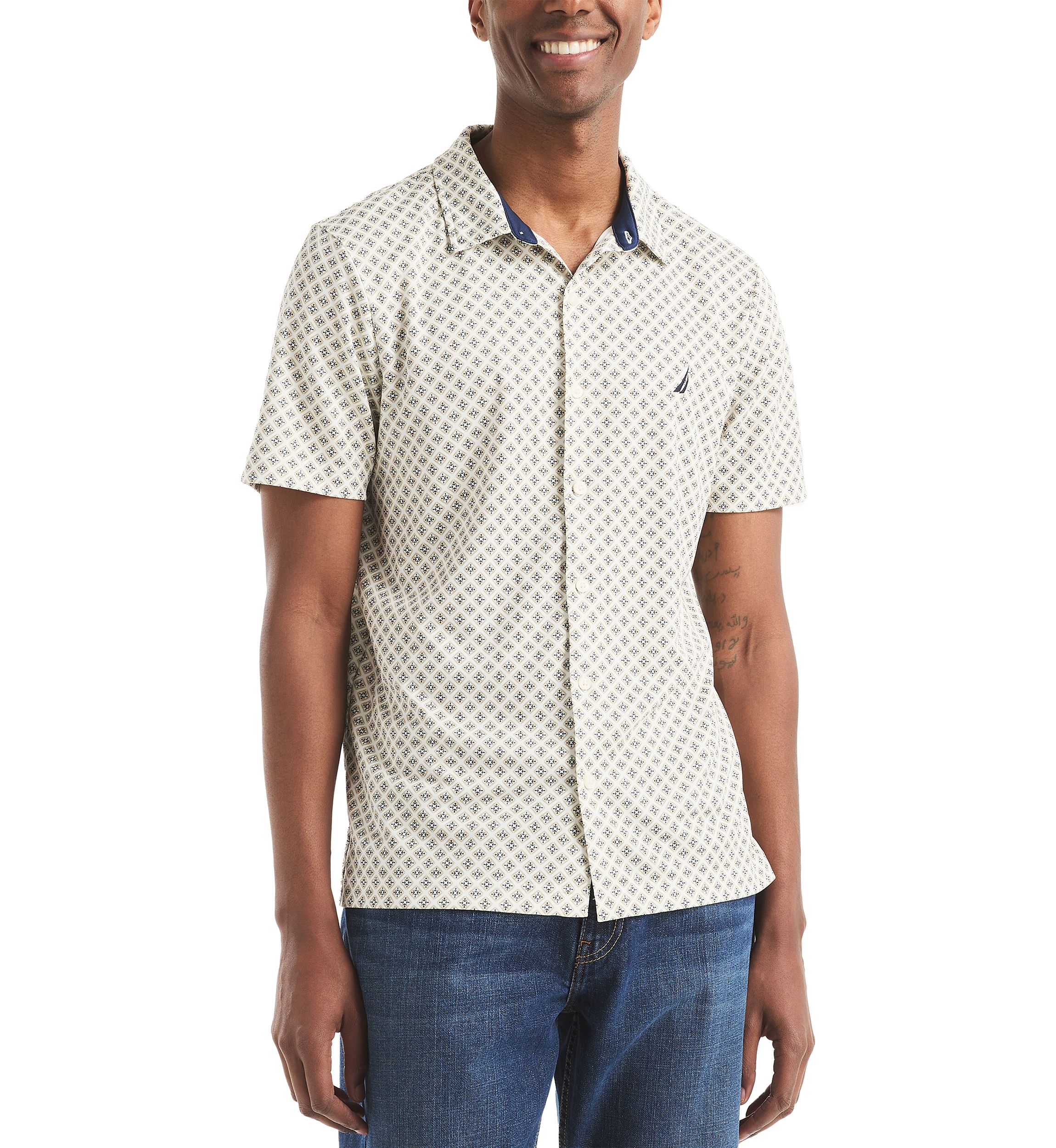 Short Sleeve Button Front Printed Dress Shirt 