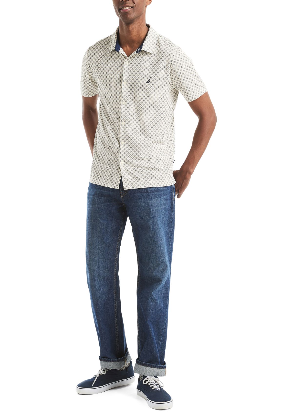 Short Sleeve Button Front Printed Dress Shirt 