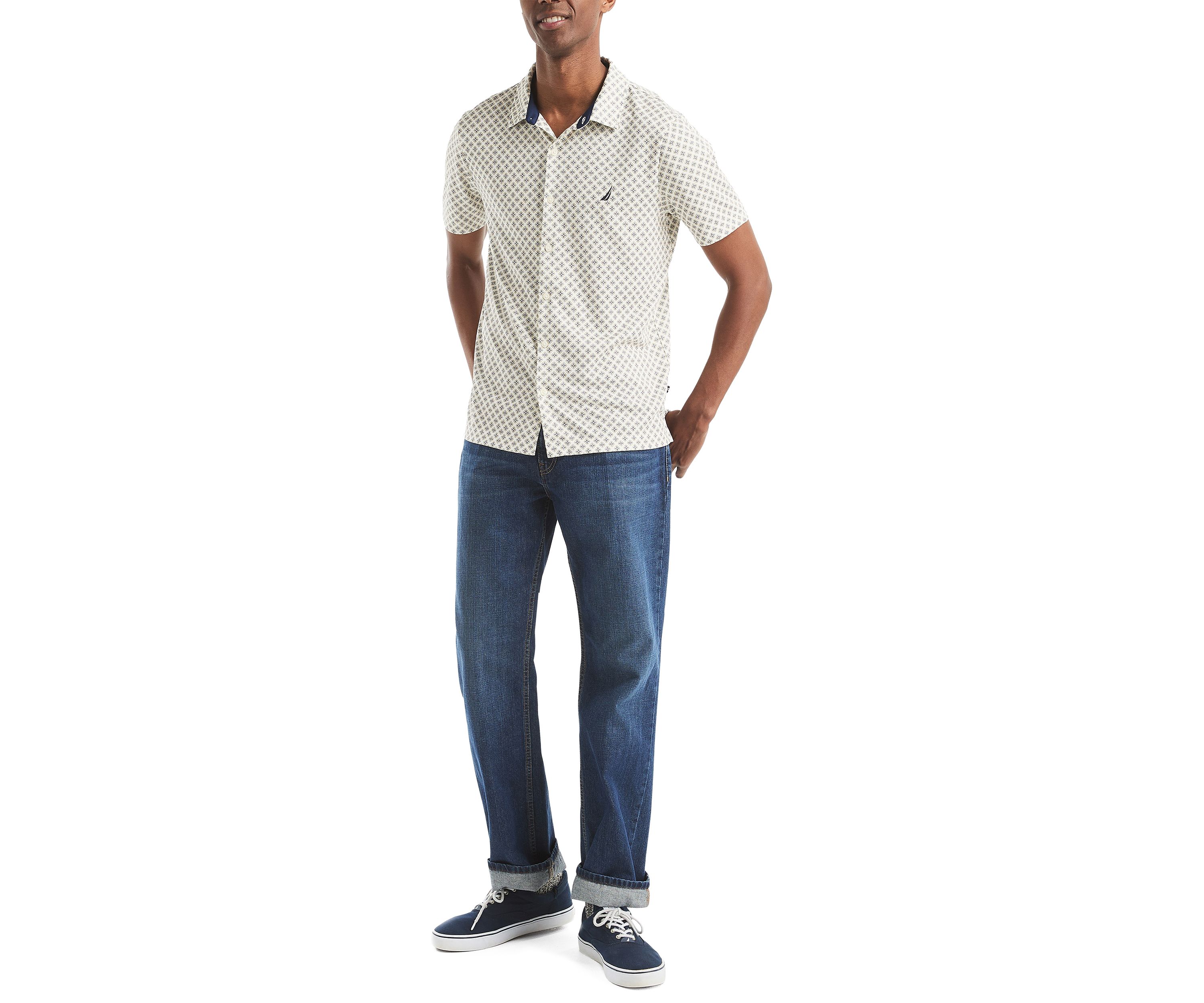 Short Sleeve Button Front Printed Dress Shirt 