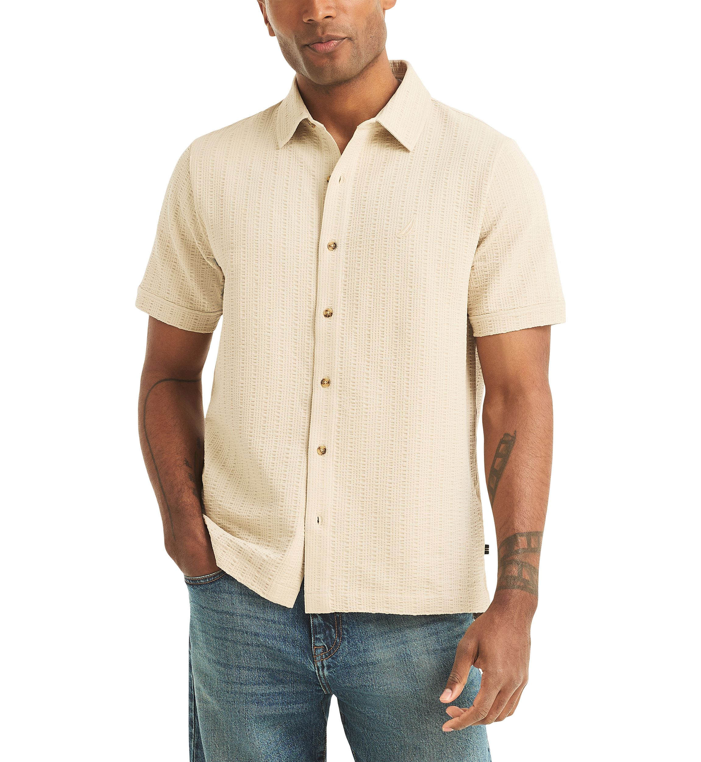 mens nautica dress shirts Men's Seersucker Knit Button Front Shirt its suitable for formal and business casual occasions Nautica Men's Micro Print Long