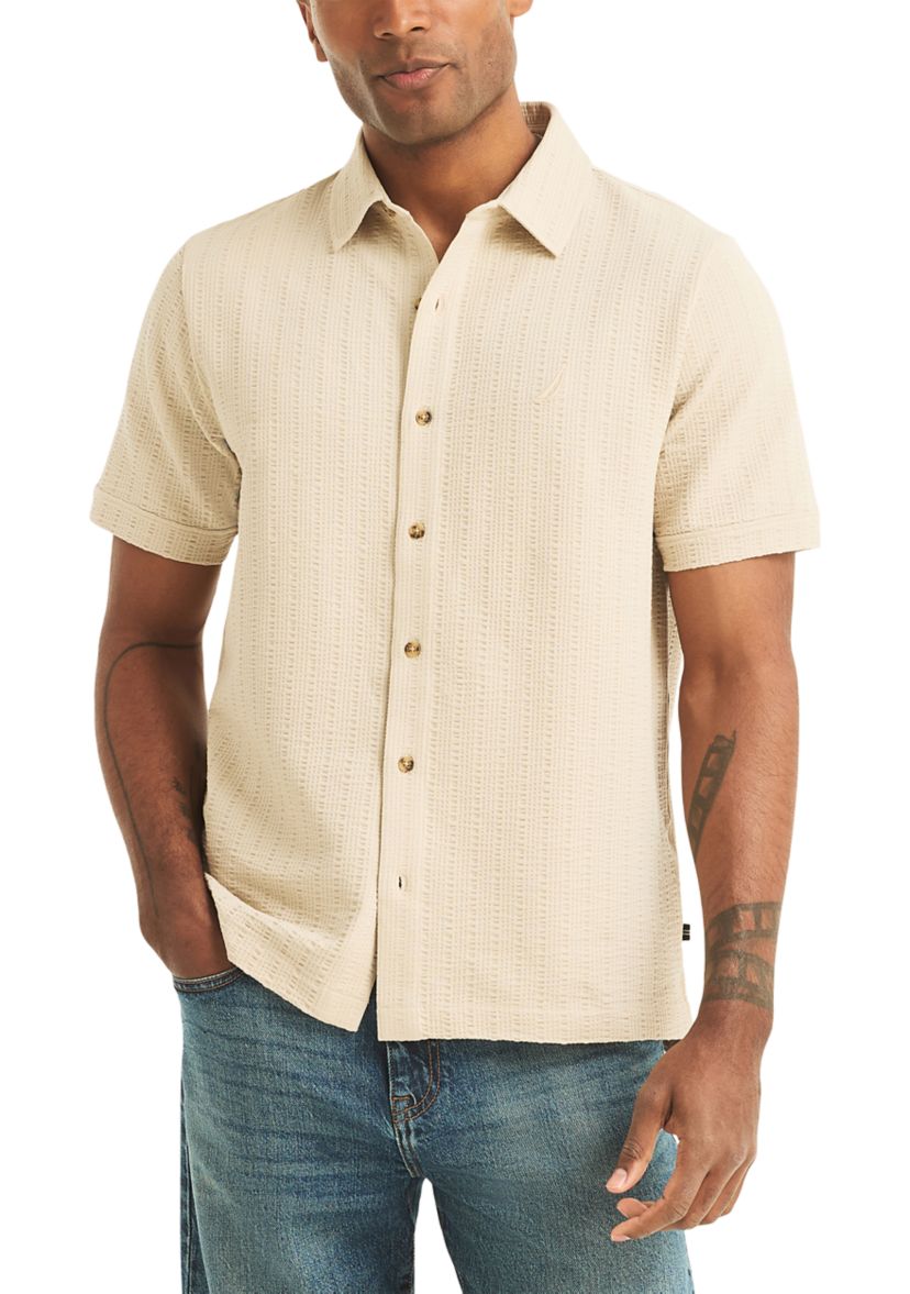 nautica dress shirts for men Mens Big & Tall Printed Short-Sleeve Shirt The slim silhouette and rounded hem provide a modern fit Nautica Men's Seersucker Knit Button
