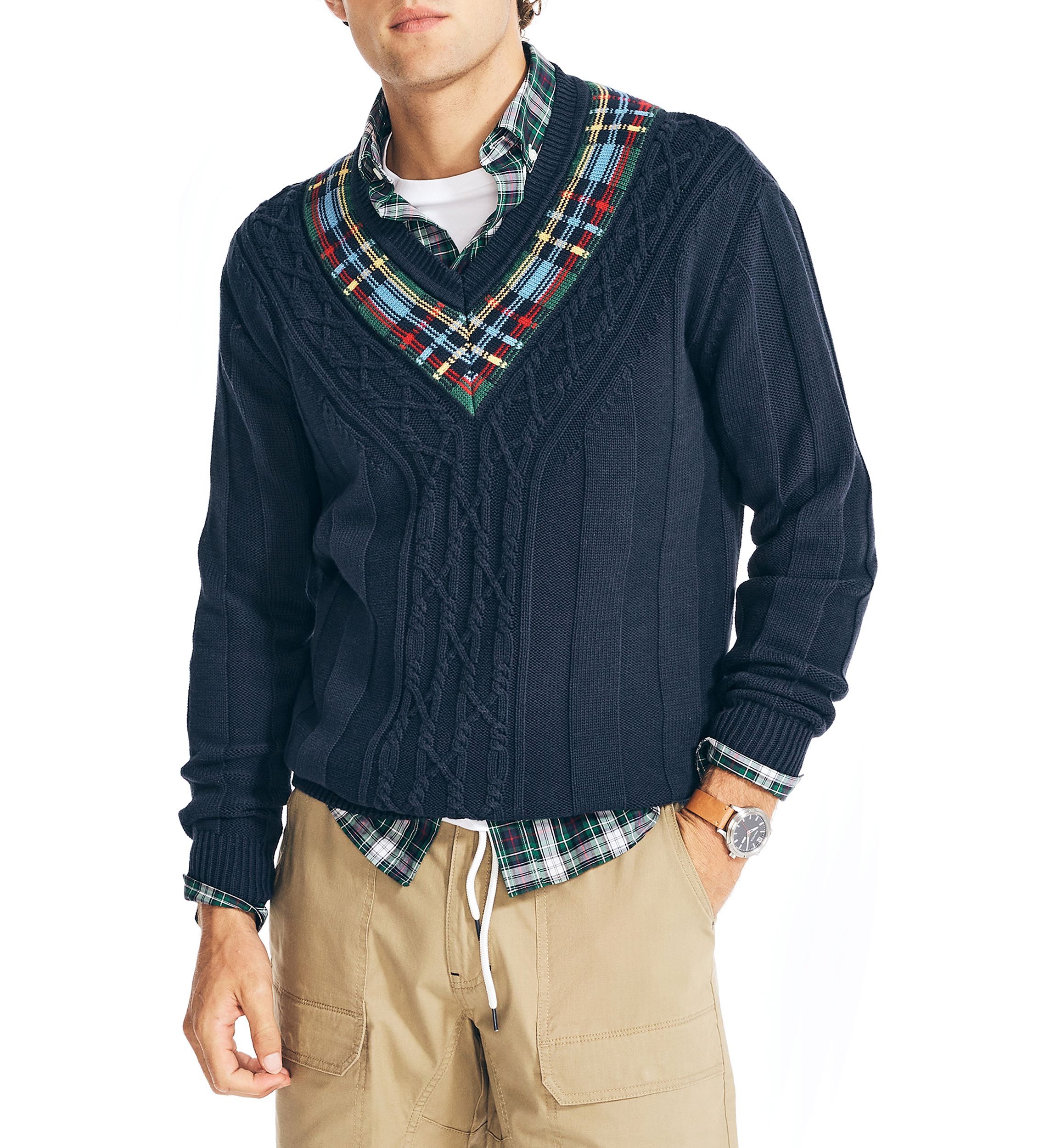 Reissue Plaid Cable Knit V-Neck Sweater