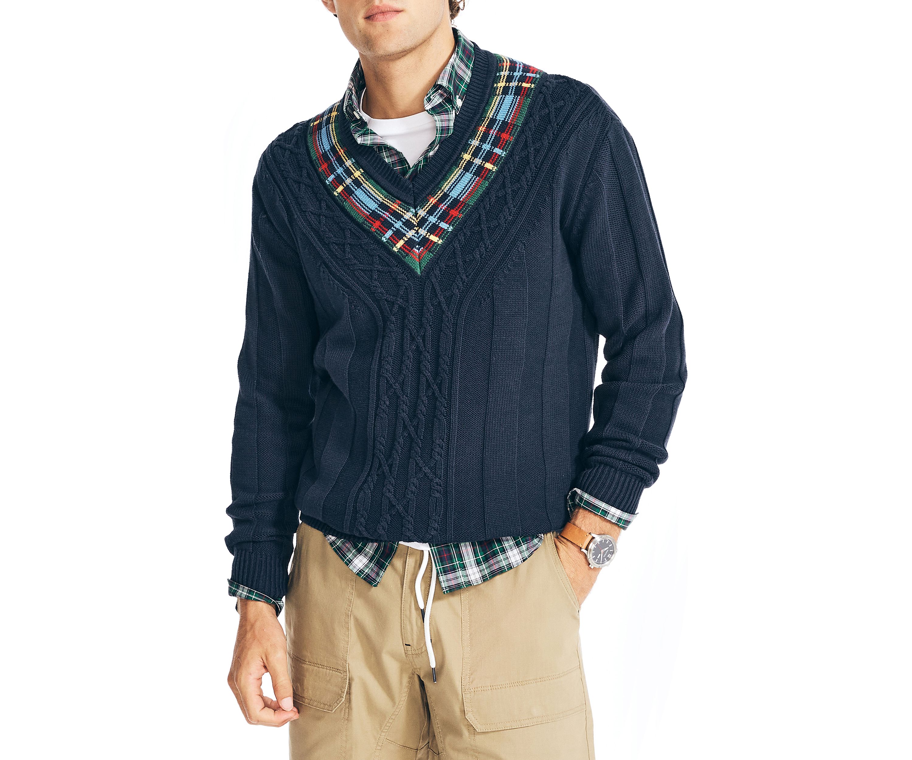 Reissue Plaid Cable Knit V-Neck Sweater