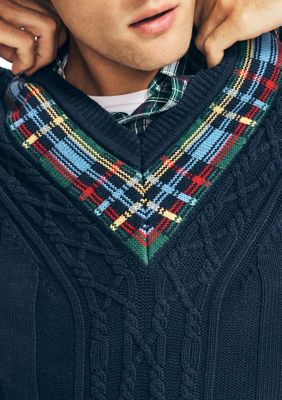 Reissue Plaid Cable Knit V-Neck Sweater