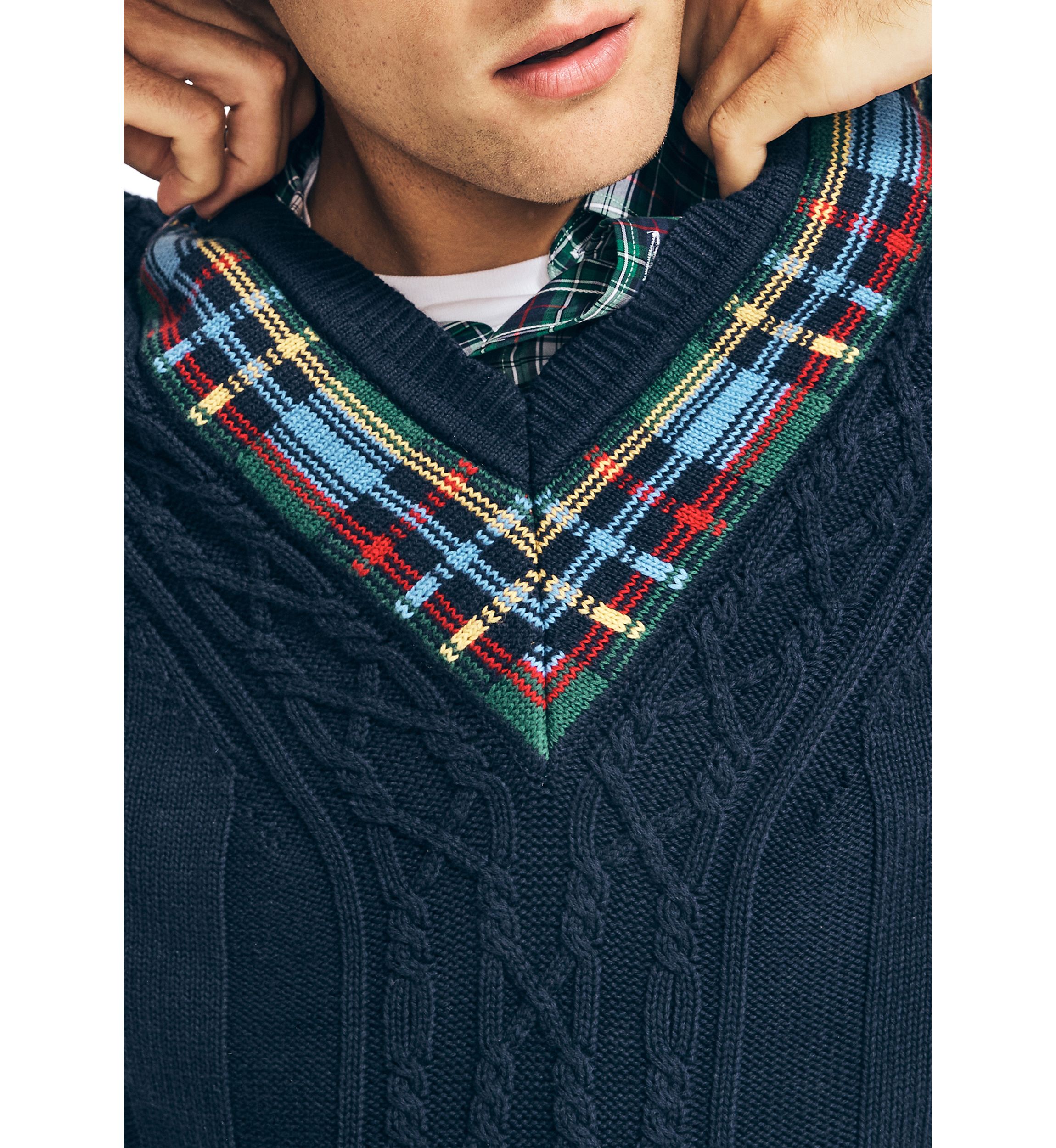 Reissue Plaid Cable Knit V-Neck Sweater