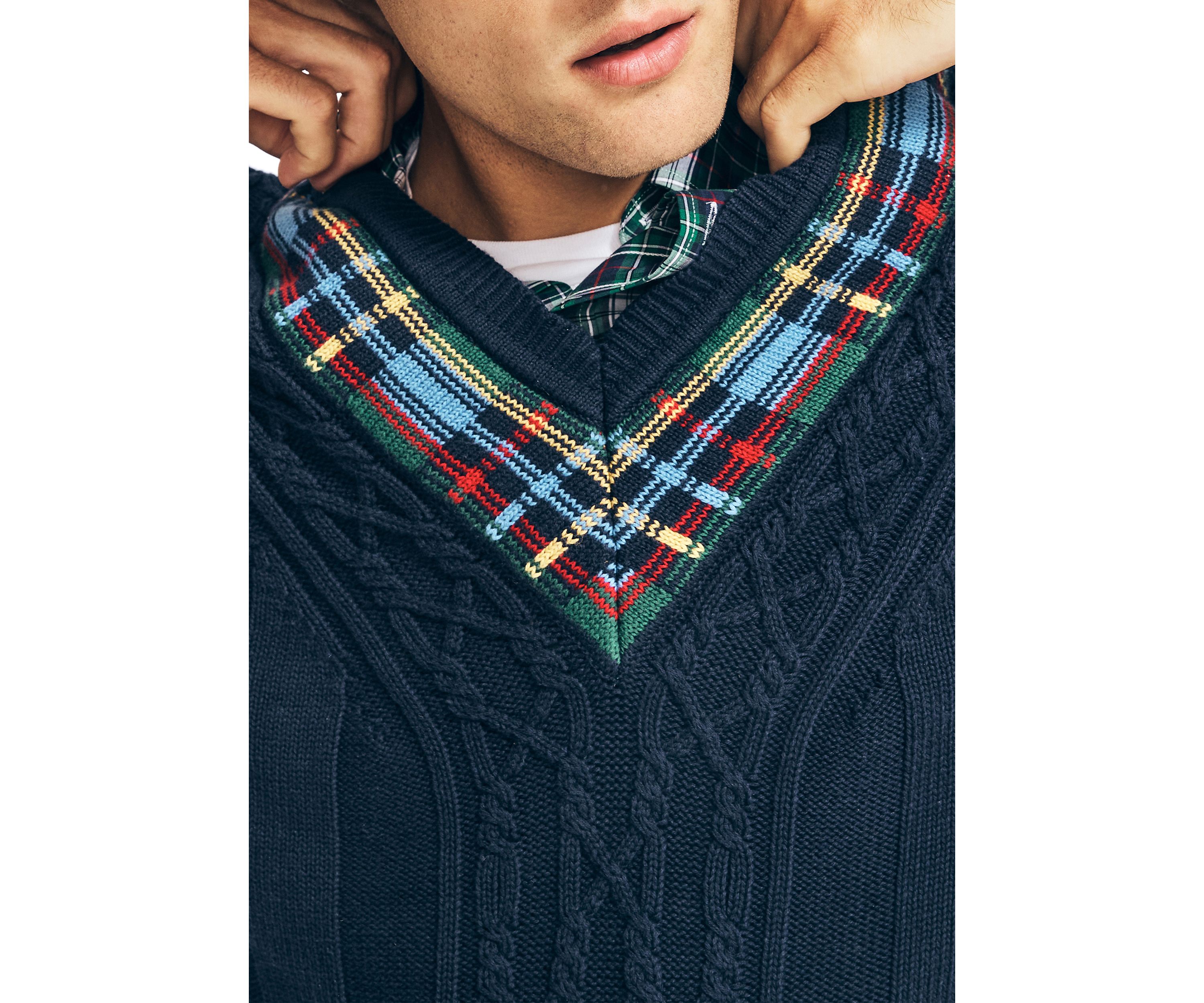 Reissue Plaid Cable Knit V-Neck Sweater