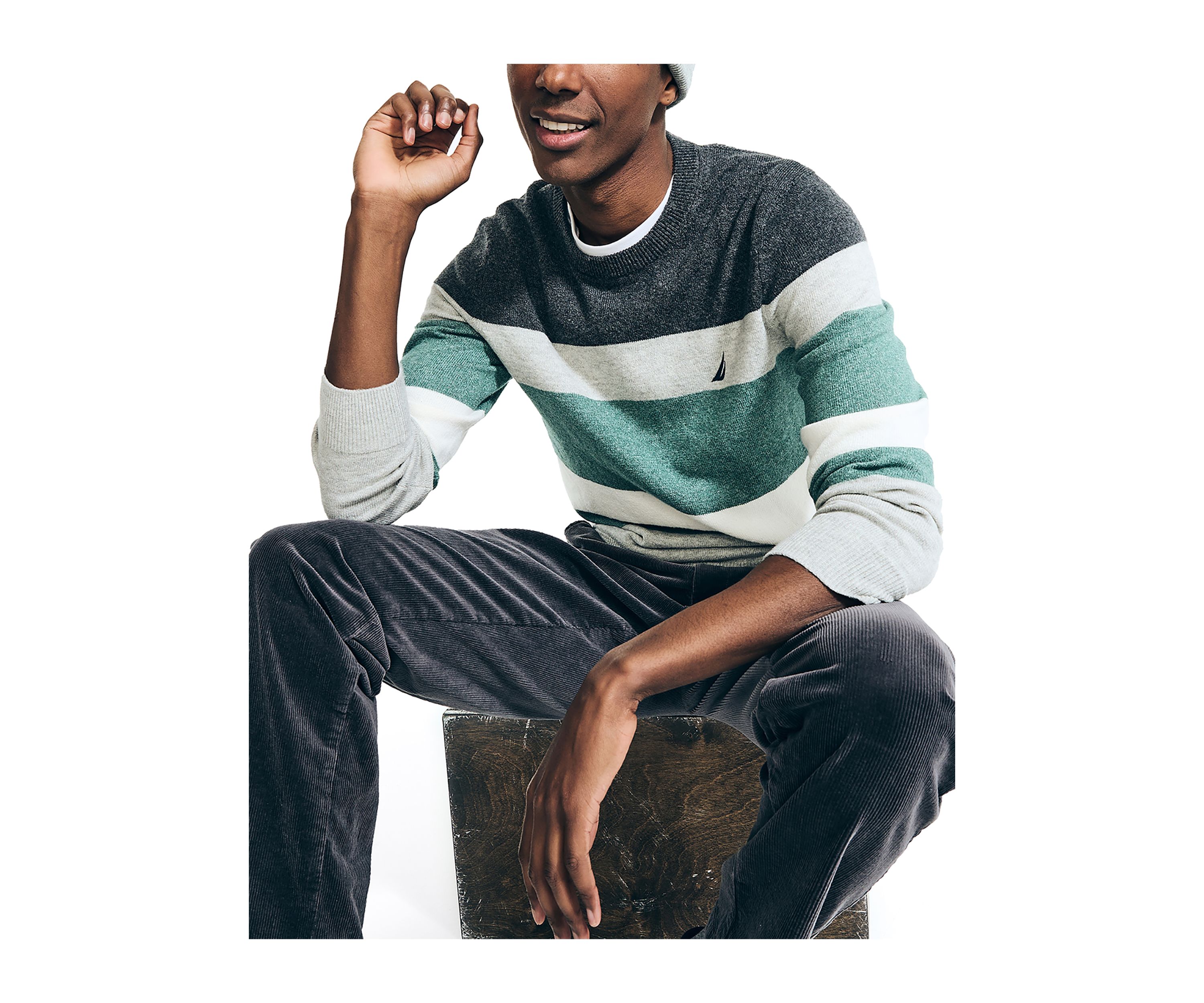 Sustainably Crafted Striped Textured Crew Neck Sweater